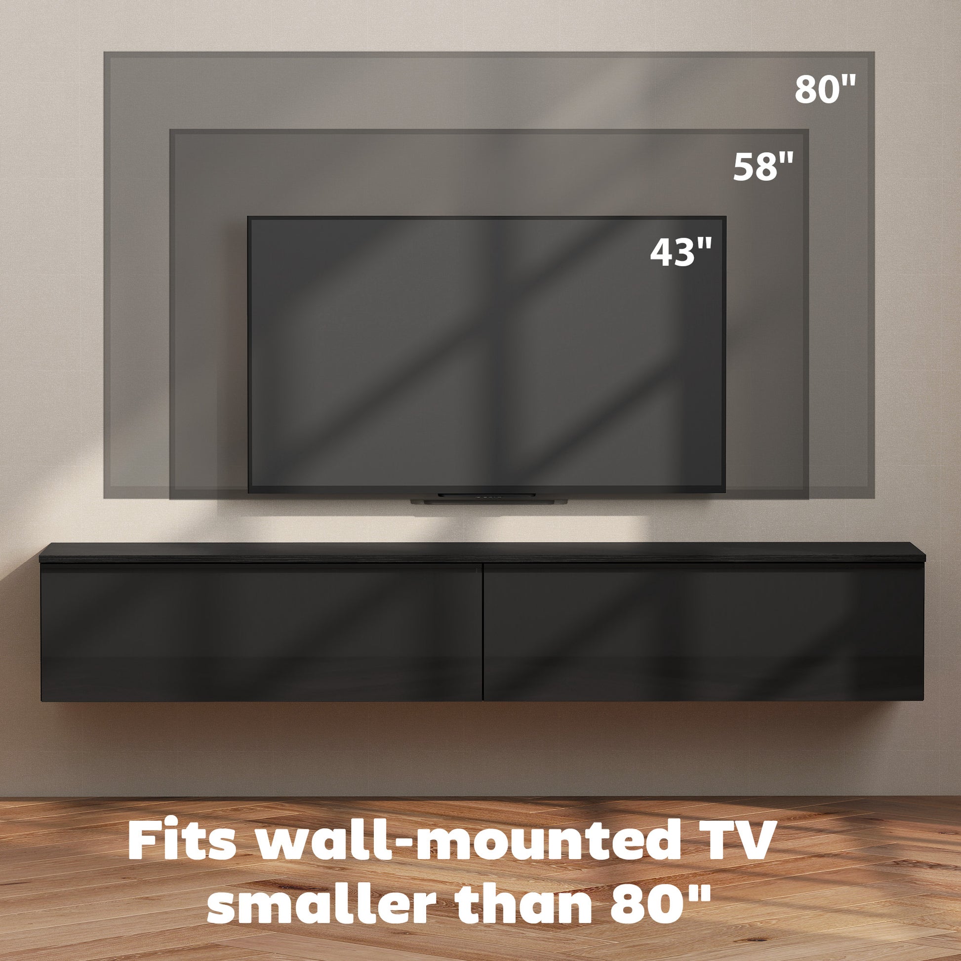 Wall Mounted TV Stand, Black, Up to 70", High Gloss Storage Cabinet-DECOROLALA