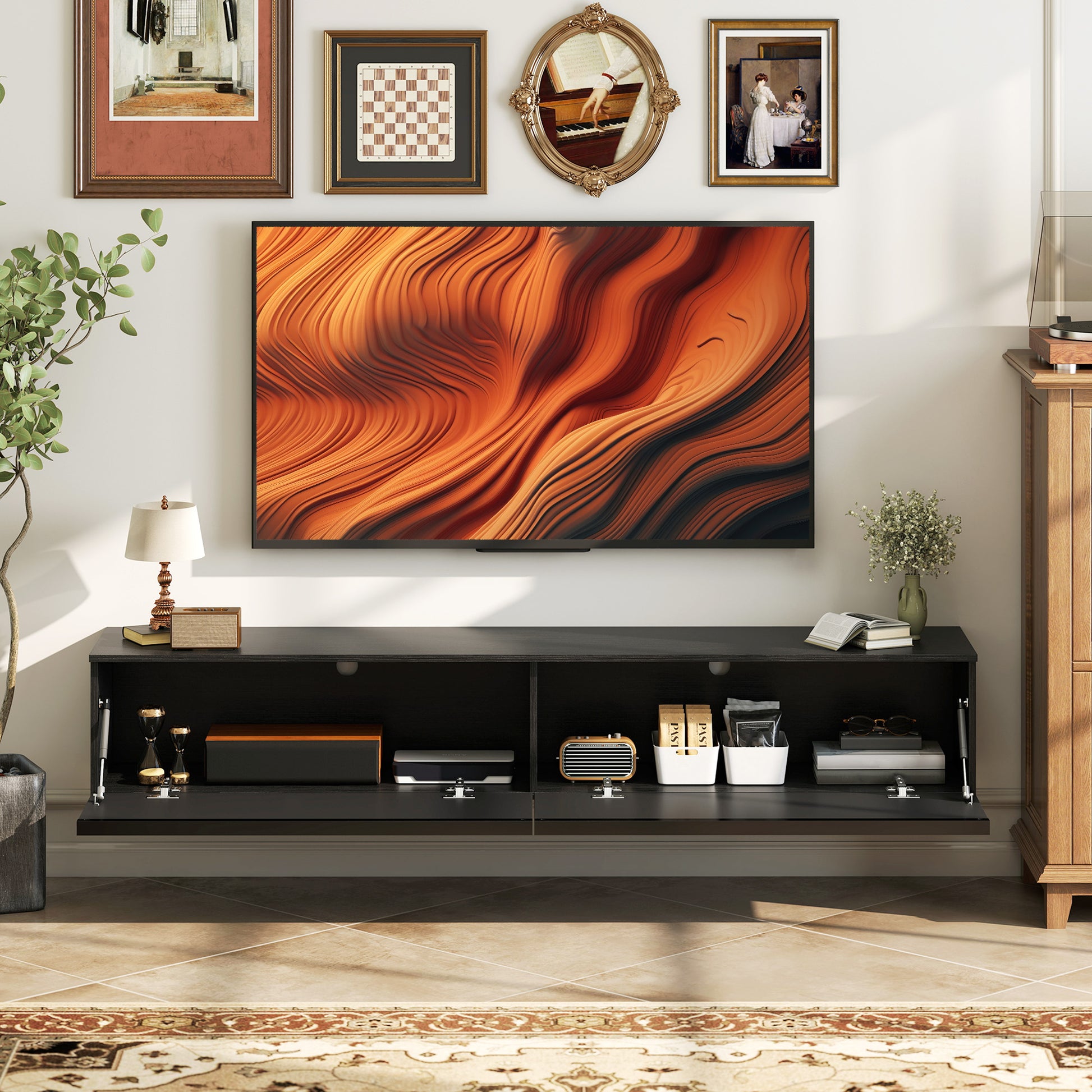Wall Mounted TV Stand, Black, Up to 70", High Gloss Storage Cabinet-DECOROLALA