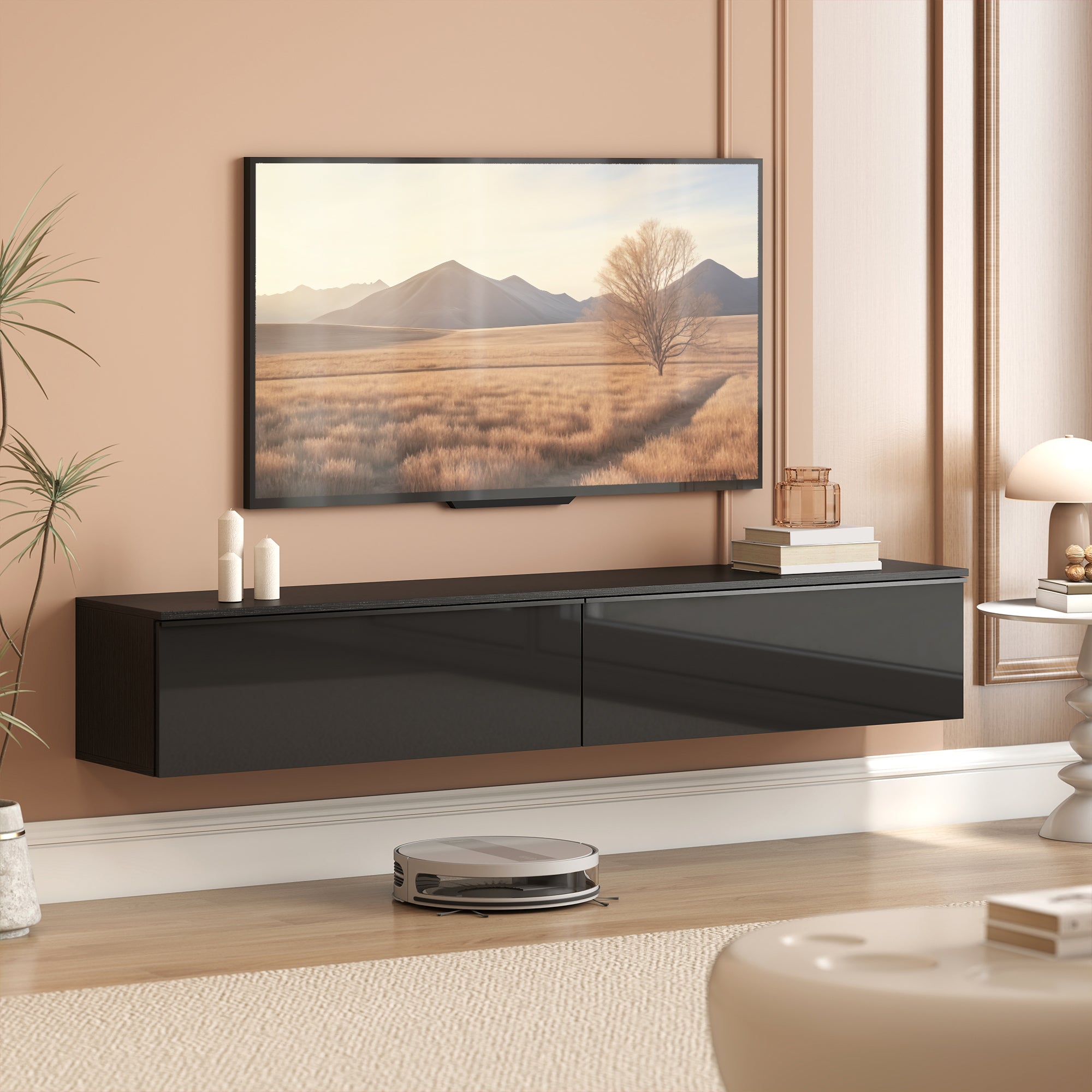Wall Mounted TV Stand, Black, Up to 70", High Gloss Storage Cabinet-DECOROLALA