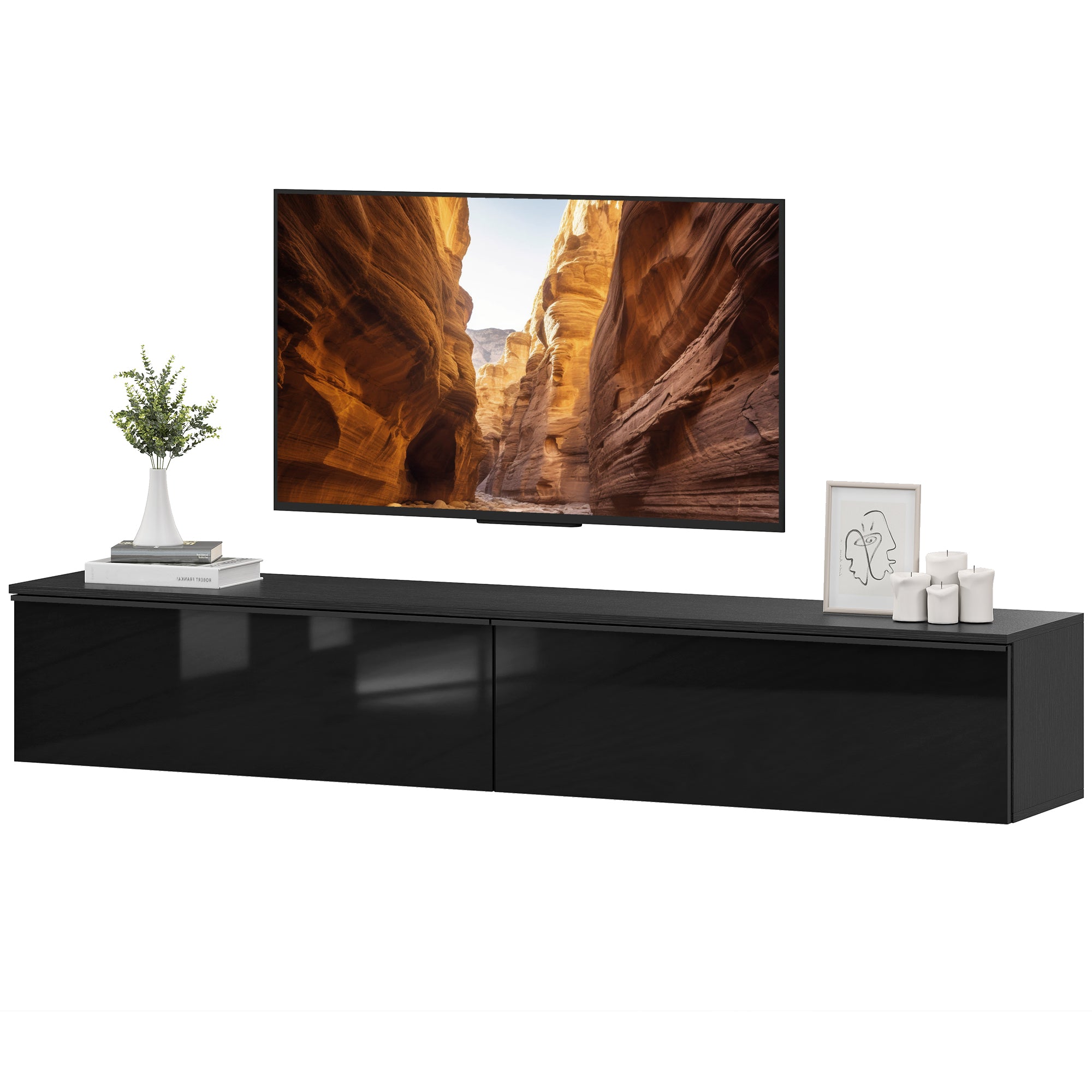 Wall Mounted TV Stand, Black, Up to 70", High Gloss Storage Cabinet-DECOROLALA
