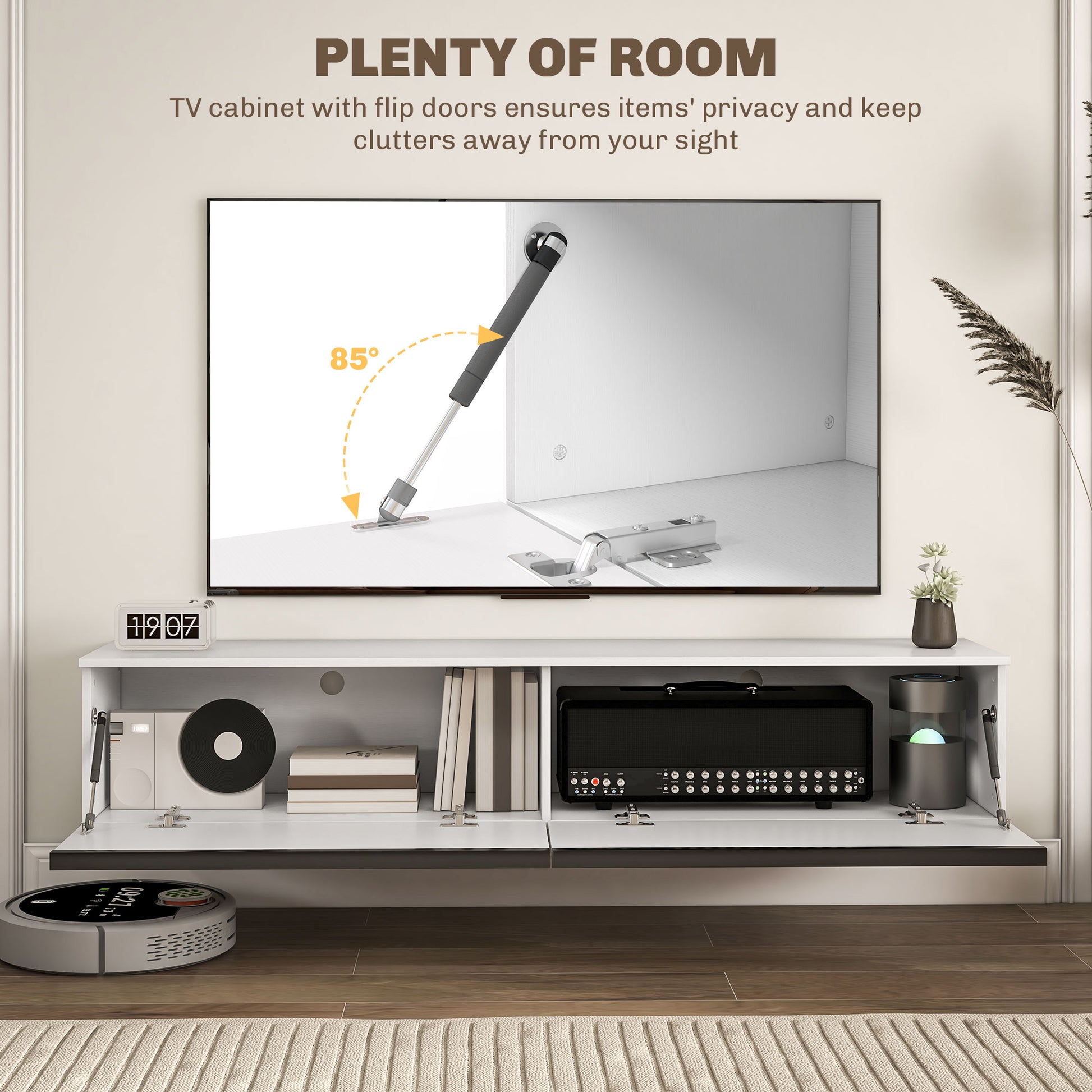 Wall Mounted TV Stand, Floating TV Cabinet for up to 70" TVs with Storage, High Gloss Effect, White-Home Furnishings > Living Room Furniture > TV¬†Stands-DECOROLALA