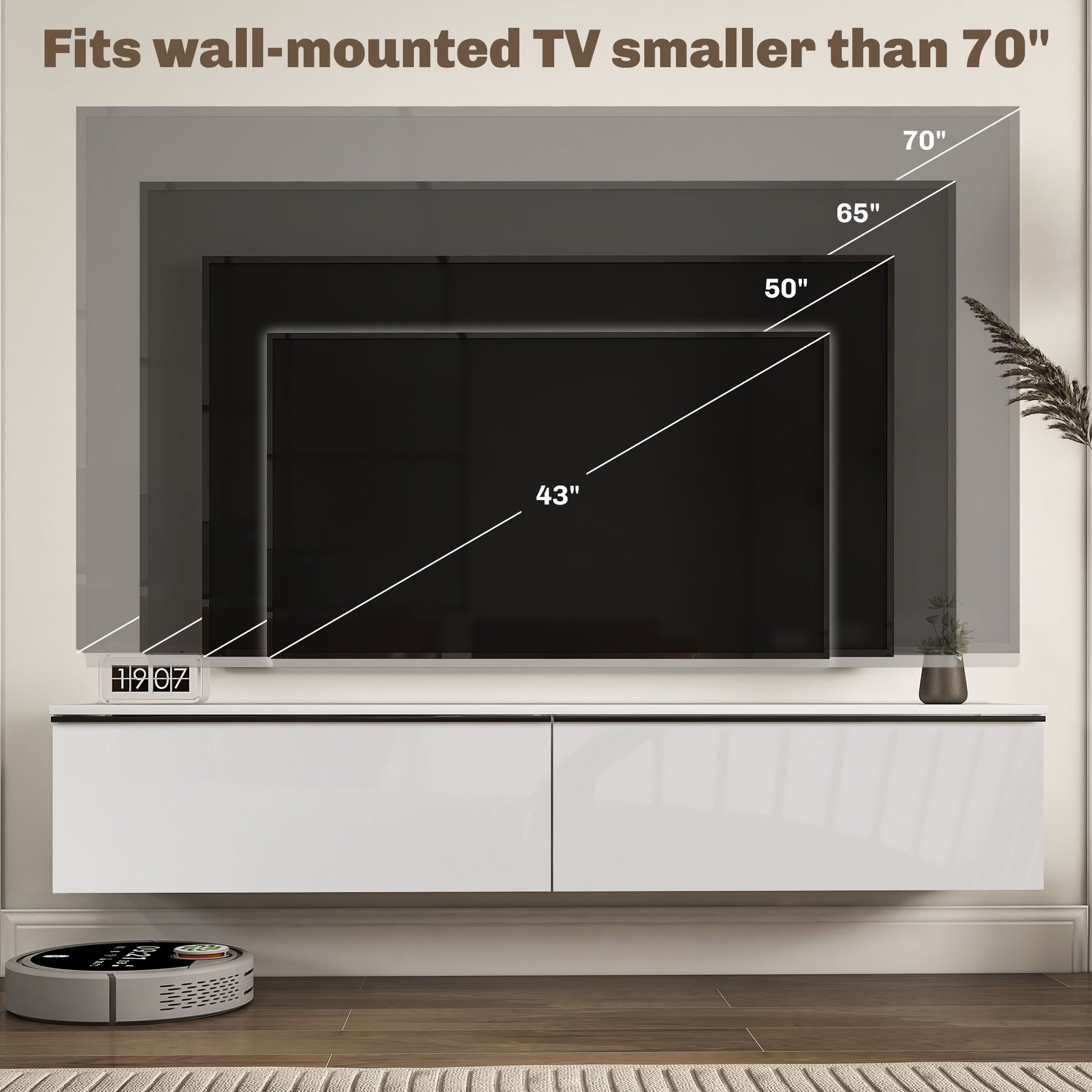 Wall Mounted TV Stand, Floating TV Cabinet for up to 70" TVs with Storage, High Gloss Effect, White-Home Furnishings > Living Room Furniture > TV¬†Stands-DECOROLALA