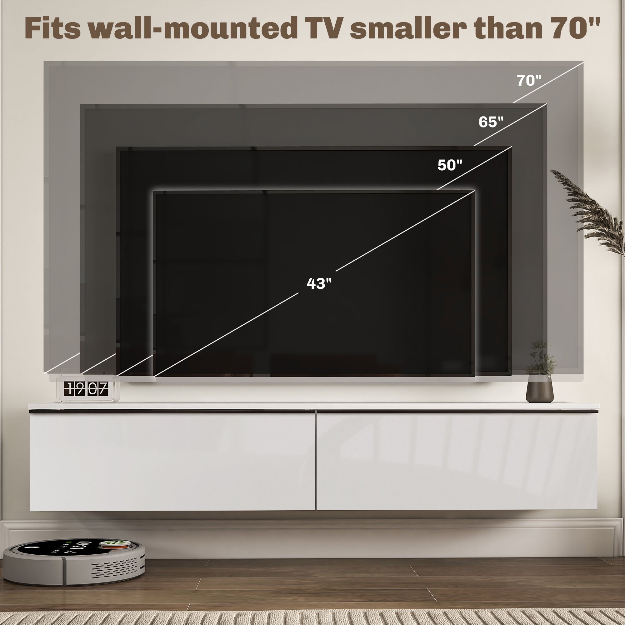 Wall Mounted TV Stand, Floating TV Cabinet for up to 70" TVs with Storage, High Gloss Effect, White-Home Furnishings > Living Room Furniture > TV¬†Stands-DECOROLALA
