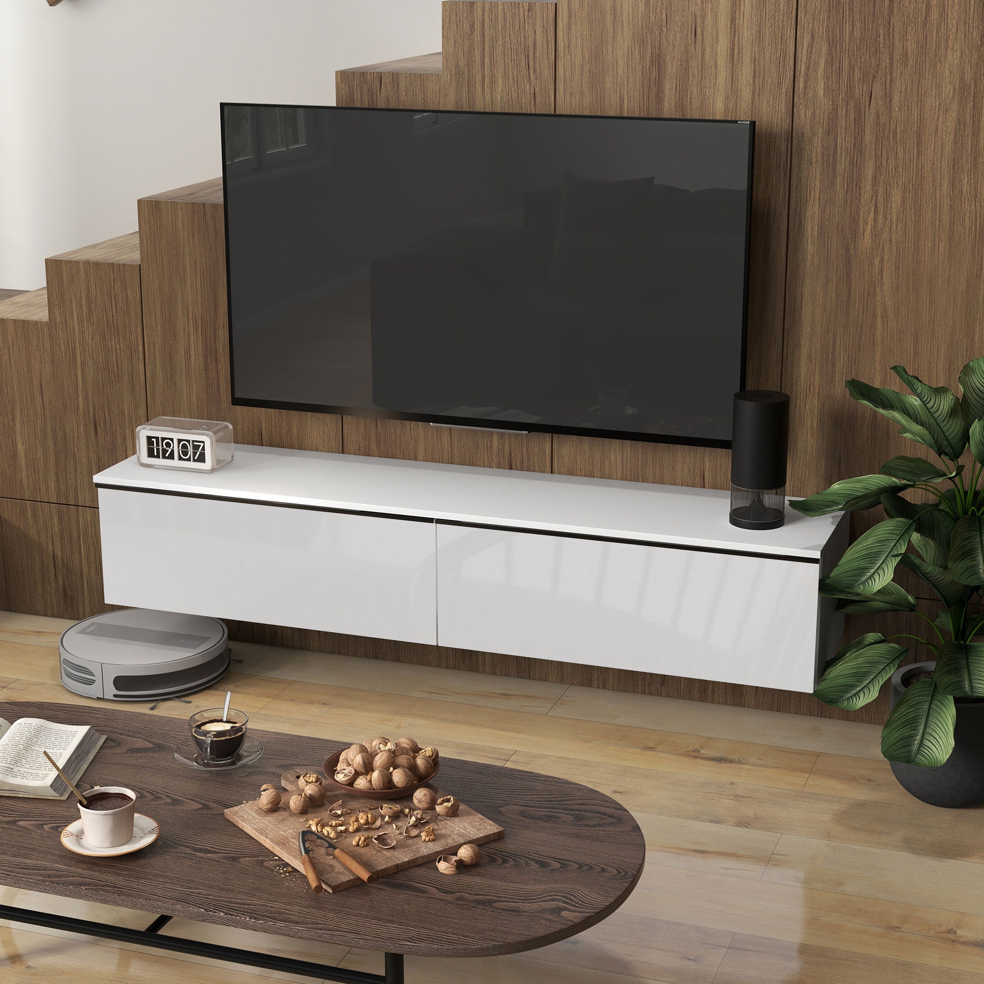 Wall Mounted TV Stand, Floating TV Cabinet for up to 70" TVs with Storage, High Gloss Effect, White-Home Furnishings > Living Room Furniture > TV¬†Stands-DECOROLALA