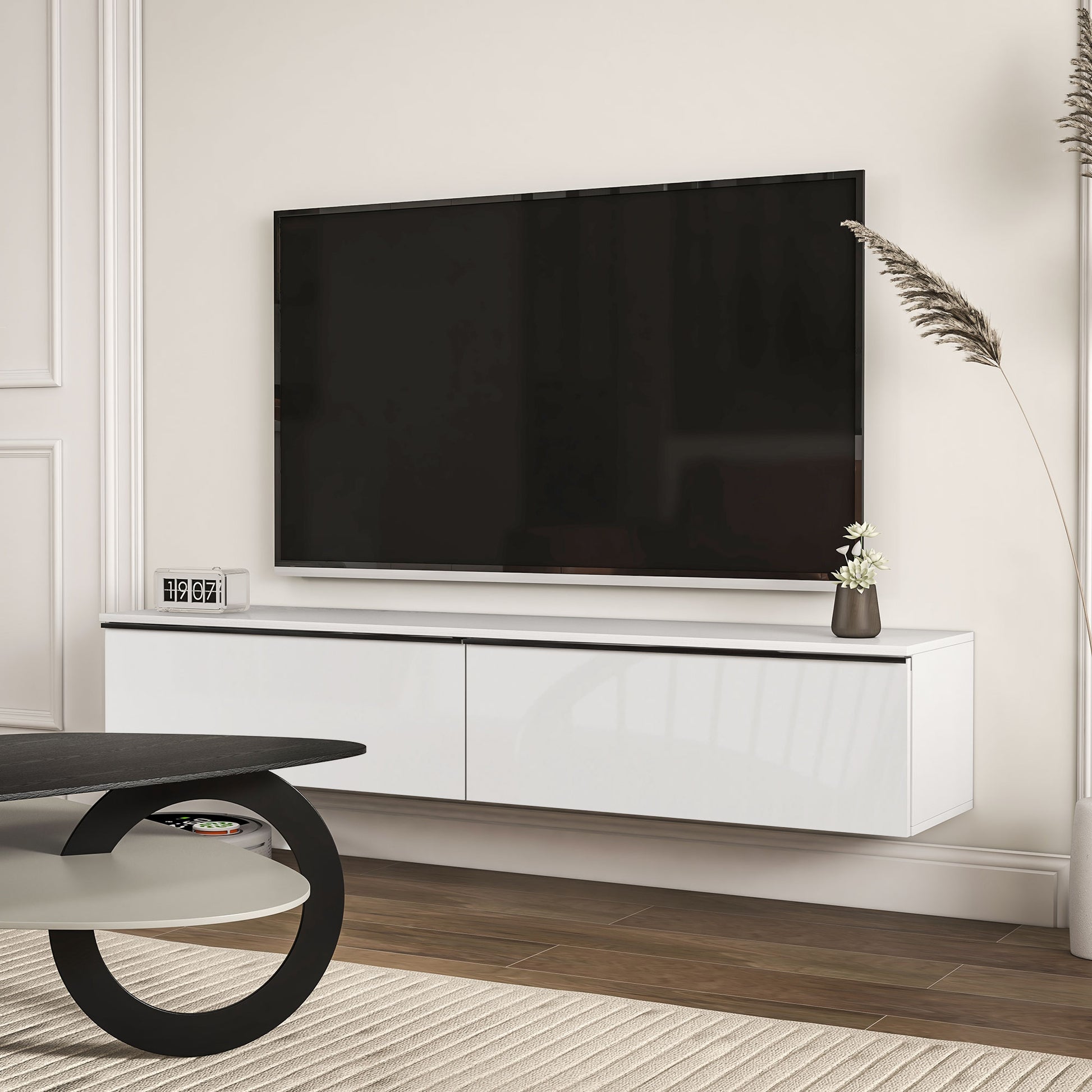 Wall Mounted TV Stand, Floating TV Cabinet for up to 70" TVs with Storage, High Gloss Effect, White-Home Furnishings > Living Room Furniture > TV¬†Stands-DECOROLALA