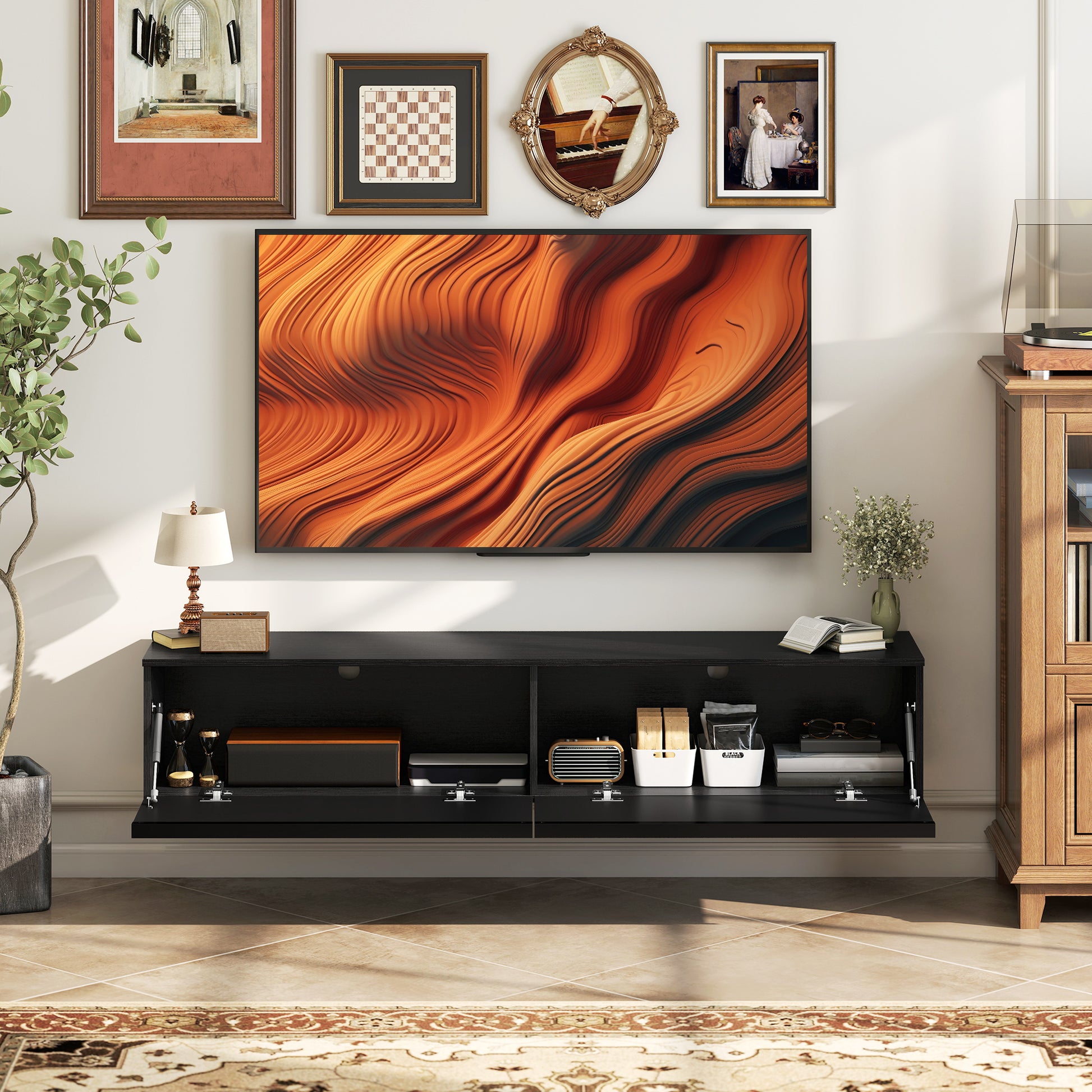 Wall Mounted TV Stand, Floating TV Cabinet with Storage, for TVs up to 70", High Gloss Effect, Black-Home Furnishings > Living Room Furniture > TV¬†Stands-DECOROLALA