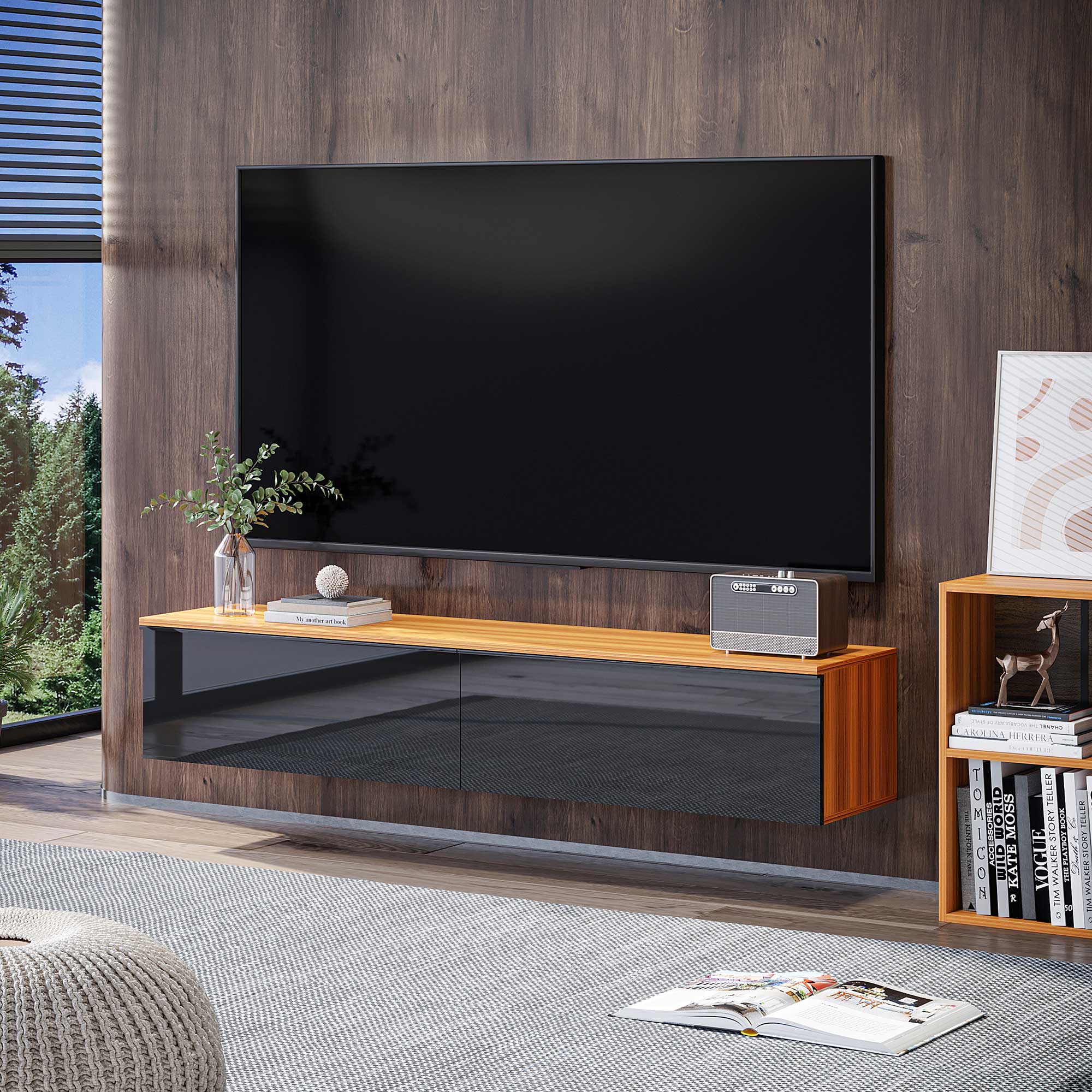 Wall Mounted TV Stand, Floating TV Cabinet with Storage, for TVs up to 70", High Gloss Effect, Brown and Black-Home Furnishings > Living Room Furniture > TV¬†Stands-DECOROLALA