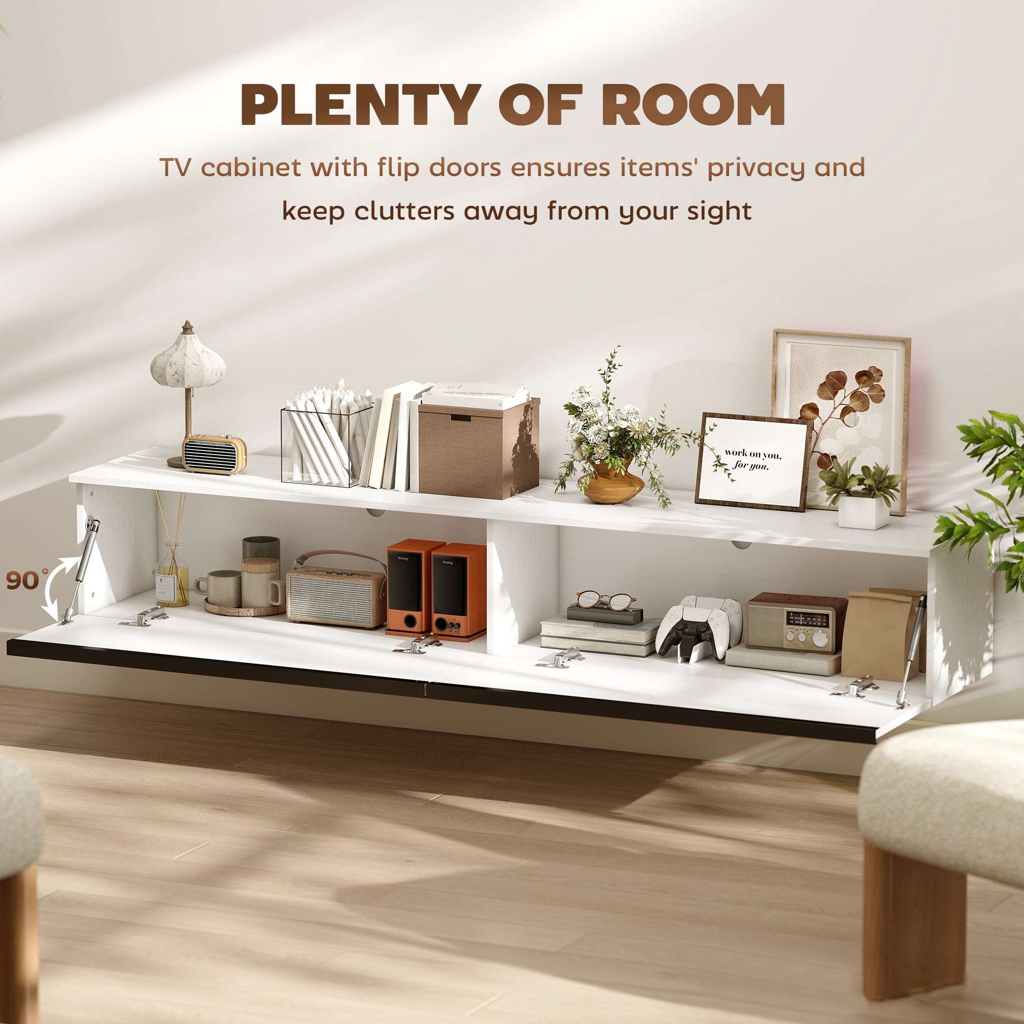 Wall Mounted TV Stand, Floating TV Cabinet with Storage, for TVs up to 70", High Gloss Effect, White-Home Furnishings > Living Room Furniture > TV¬†Stands-DECOROLALA