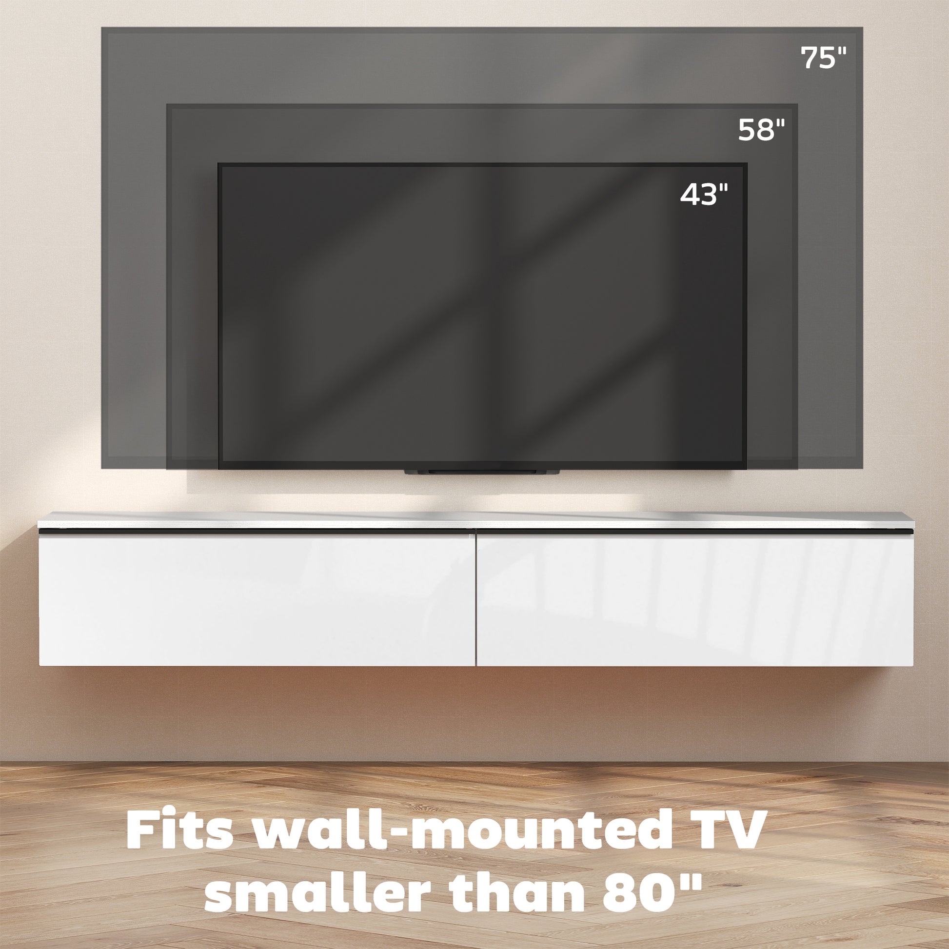 Wall Mounted TV Stand, Floating TV Cabinet with Storage, for TVs up to 70", High Gloss Effect, White-Home Furnishings > Living Room Furniture > TV¬†Stands-DECOROLALA