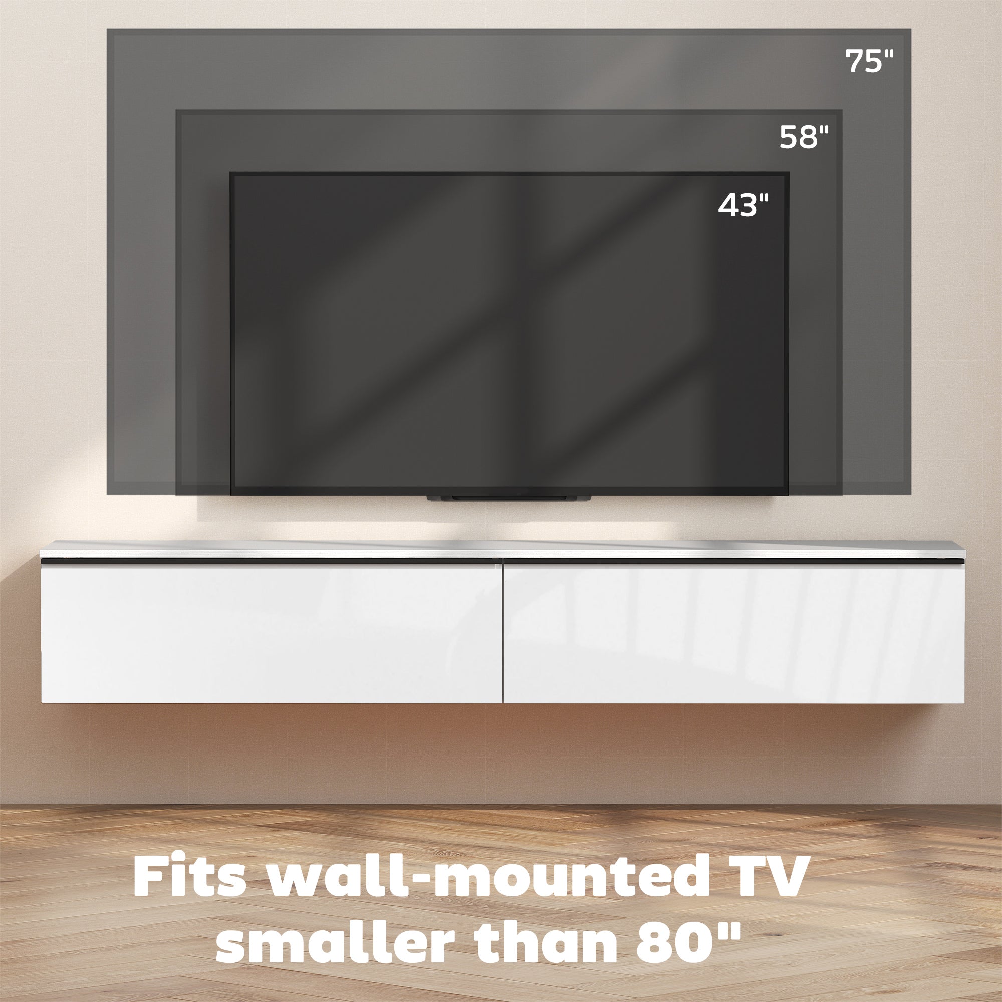Wall Mounted TV Stand, Floating TV Cabinet with Storage, for TVs up to 70", High Gloss Effect, White-Home Furnishings > Living Room Furniture > TV¬†Stands-DECOROLALA