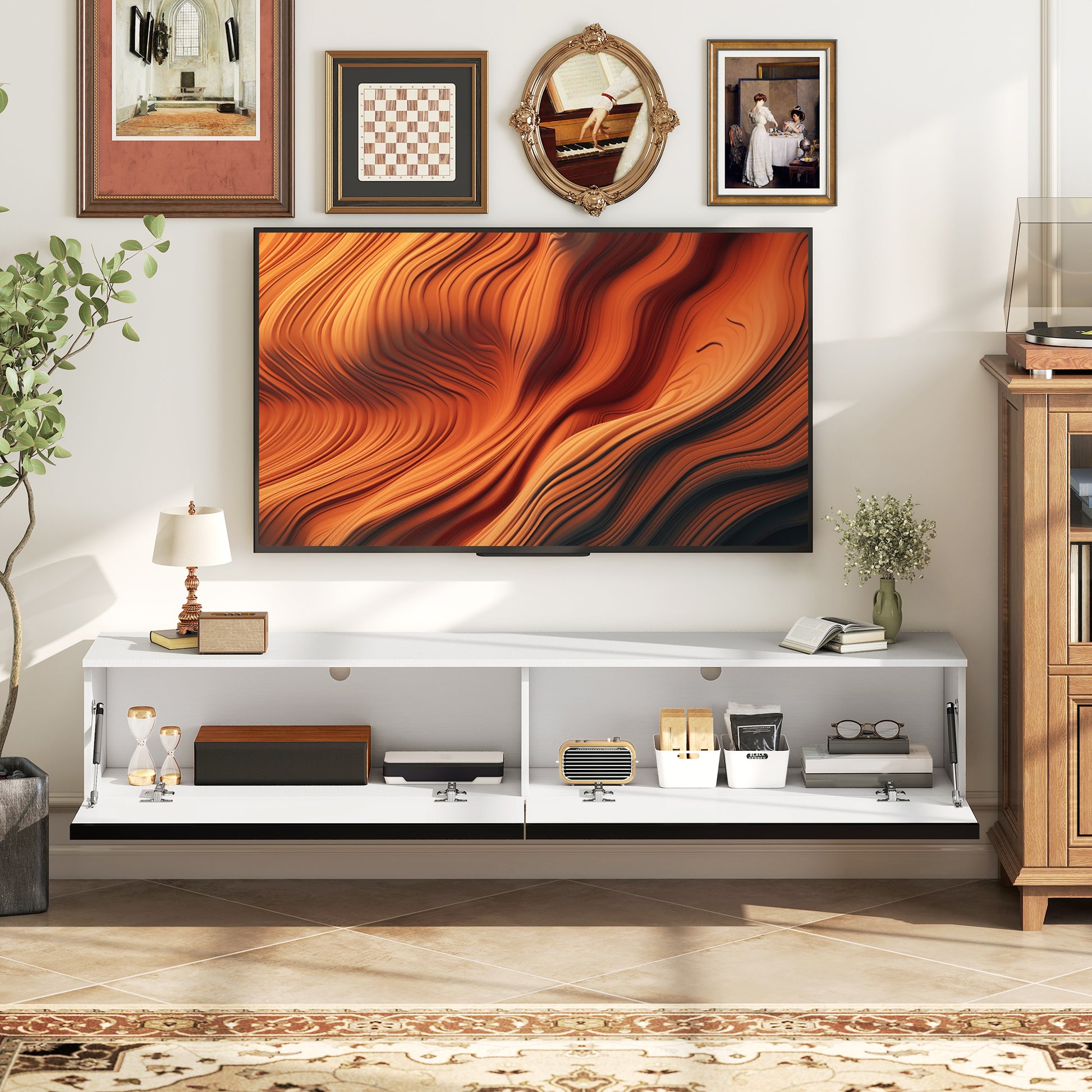 Wall Mounted TV Stand, Floating TV Cabinet with Storage, for TVs up to 70", High Gloss Effect, White-Home Furnishings > Living Room Furniture > TV¬†Stands-DECOROLALA