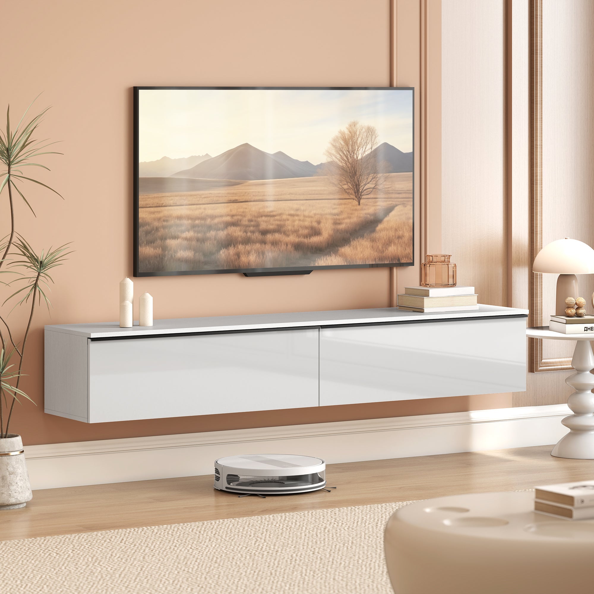 Wall Mounted TV Stand, Floating TV Cabinet with Storage, for TVs up to 70", High Gloss Effect, White-Home Furnishings > Living Room Furniture > TV¬†Stands-DECOROLALA