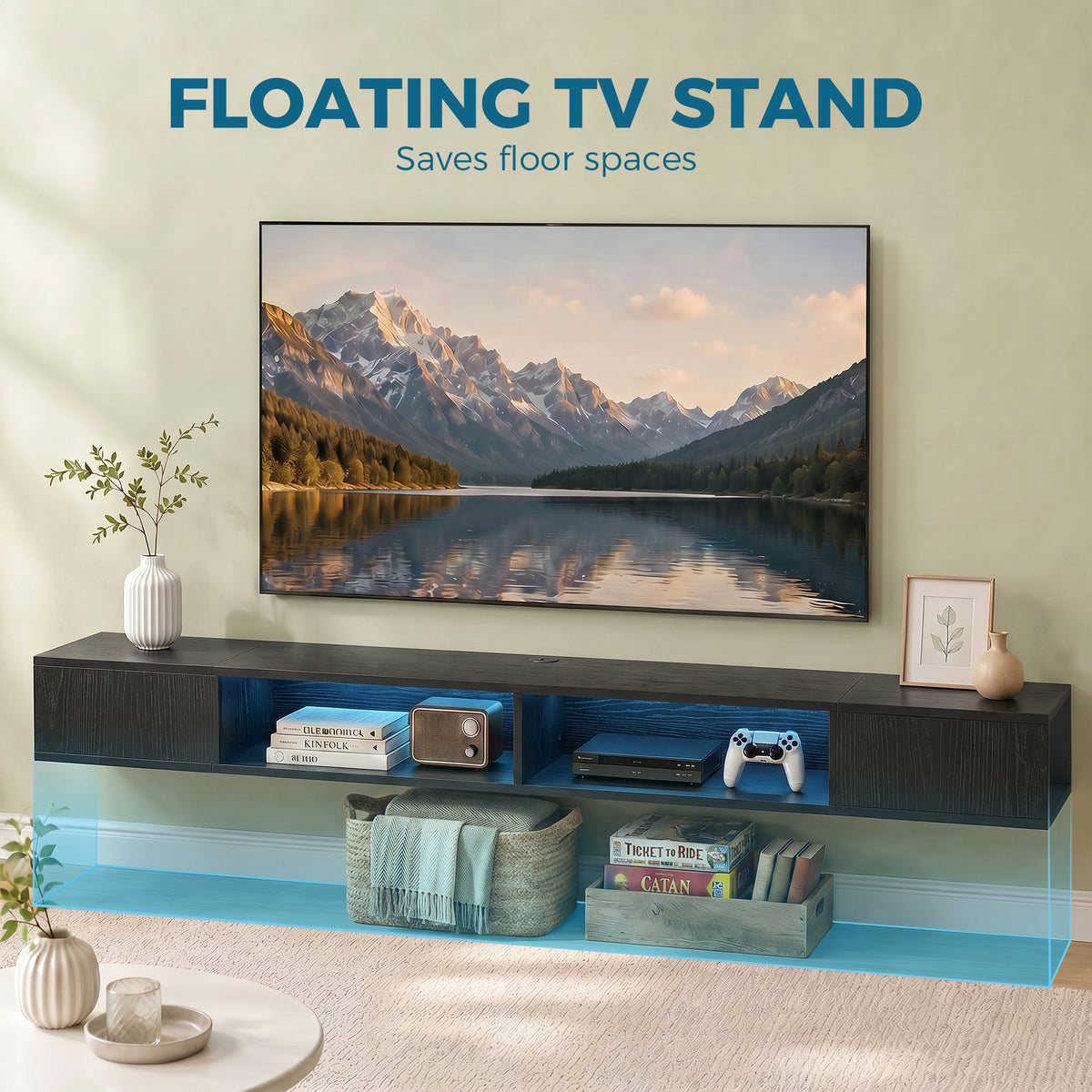 Wall-Mounted TV Stand with RGB LED Lights - Black 70"-Home Furnishings > Living Room Furniture > TV¬†Stands-DECOROLALA