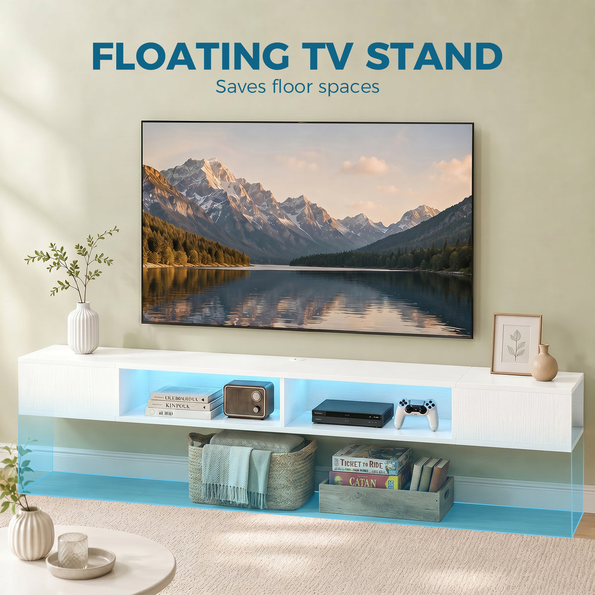 Wall-Mounted TV Stand with RGB LED Lights - White 70"-Home Furnishings > Living Room Furniture > TV¬†Stands-DECOROLALA