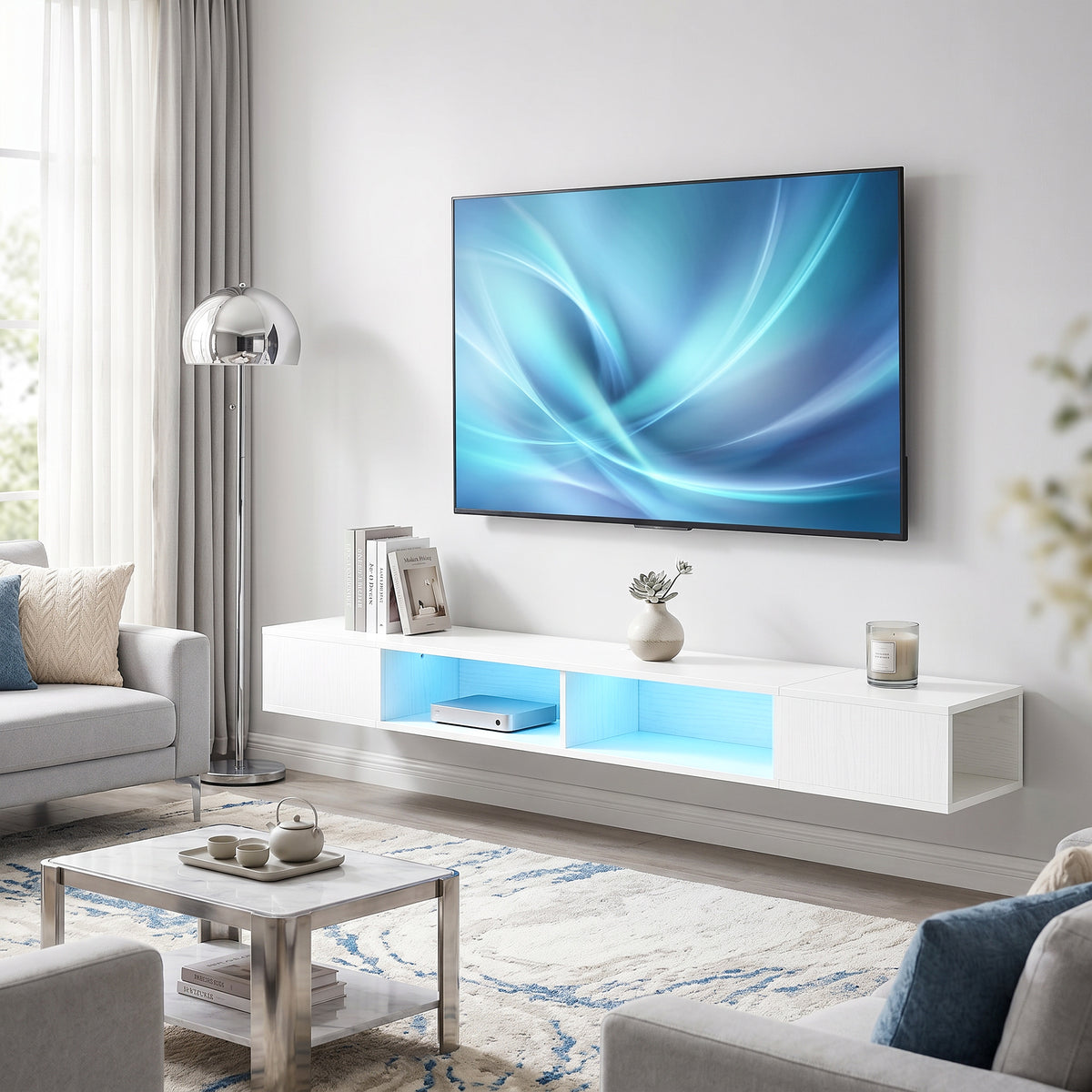 Wall-Mounted TV Stand with RGB LED Lights - White 70"-Home Furnishings > Living Room Furniture > TV¬†Stands-DECOROLALA