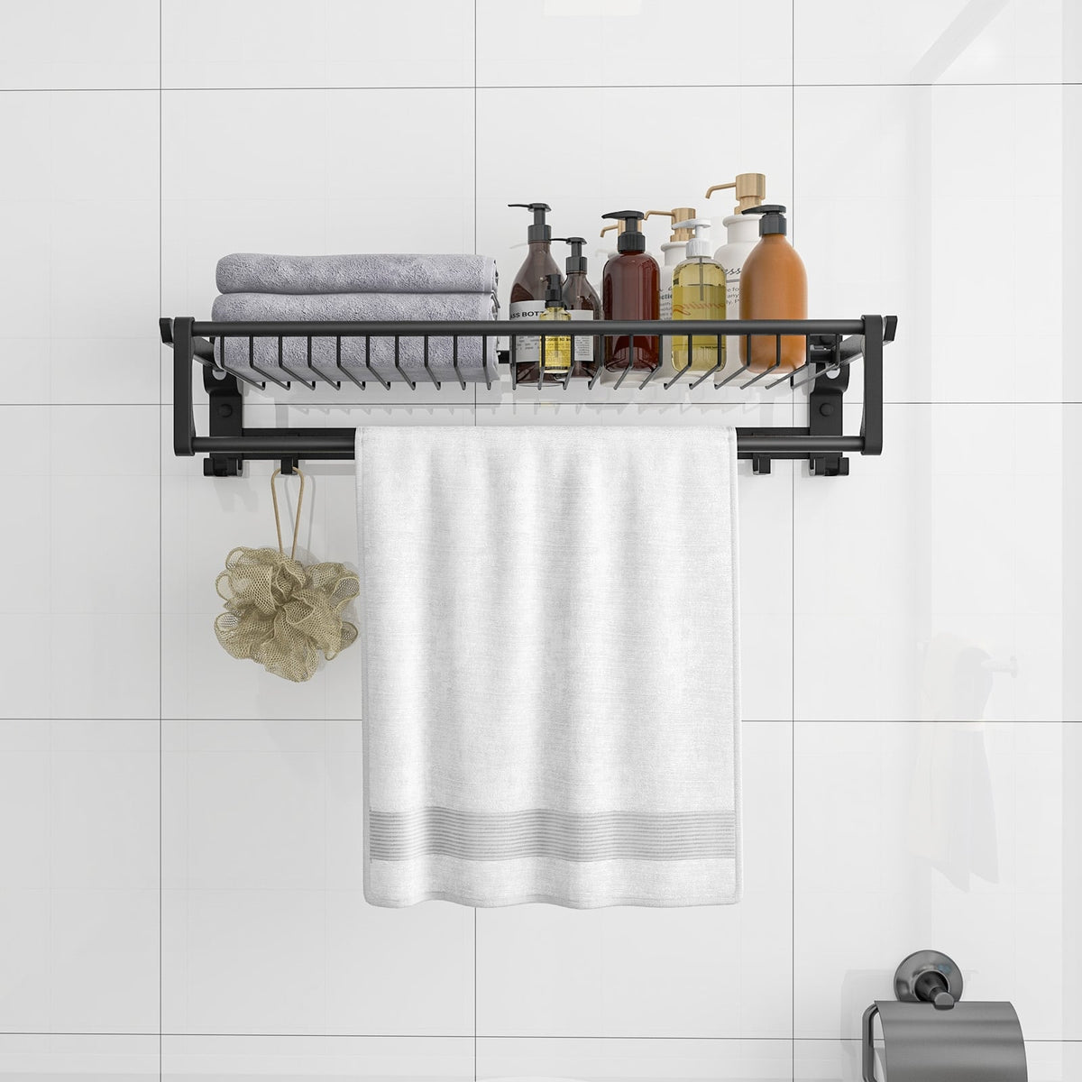 Wall Mounted Towel Shelf with Adjustable Towel Bar and Movable Hooks No Assembly Required-Towel Racks-DECOROLALA