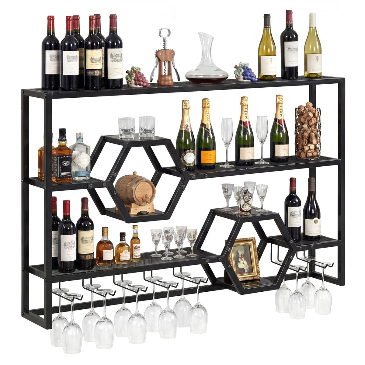 Wall Mounted Wine Rack 47" Large Floating Bar Shelves-Black-Wine Racks-DECOROLALA