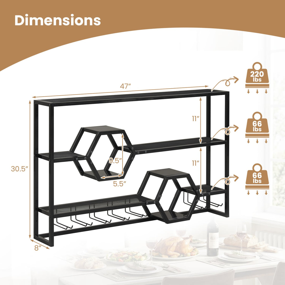 Wall Mounted Wine Rack 47" Large Floating Bar Shelves-Black-Wine Racks-DECOROLALA