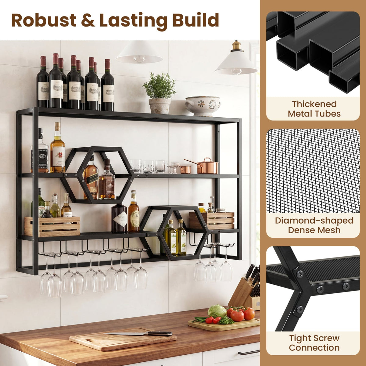 Wall Mounted Wine Rack 47" Large Floating Bar Shelves-Black-Wine Racks-DECOROLALA
