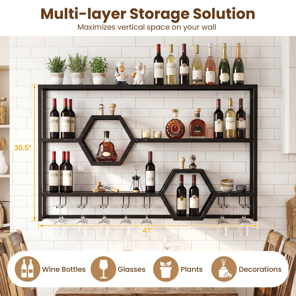 Wall Mounted Wine Rack 47" Large Floating Bar Shelves-Black-Wine Racks-DECOROLALA