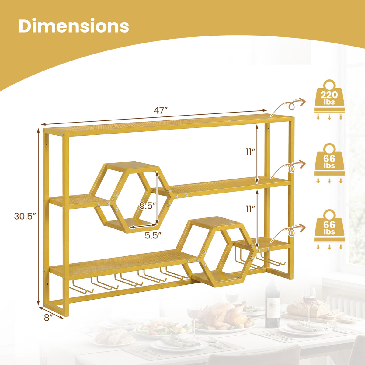 Wall Mounted Wine Rack 47" Large Floating Bar Shelves-Gold-Wine Racks-DECOROLALA