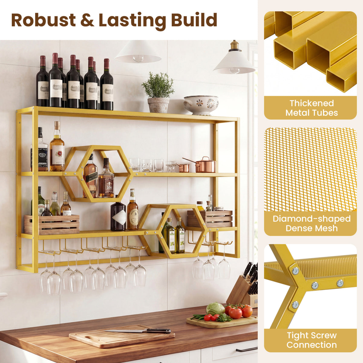 Wall Mounted Wine Rack 47" Large Floating Bar Shelves-Gold-Wine Racks-DECOROLALA