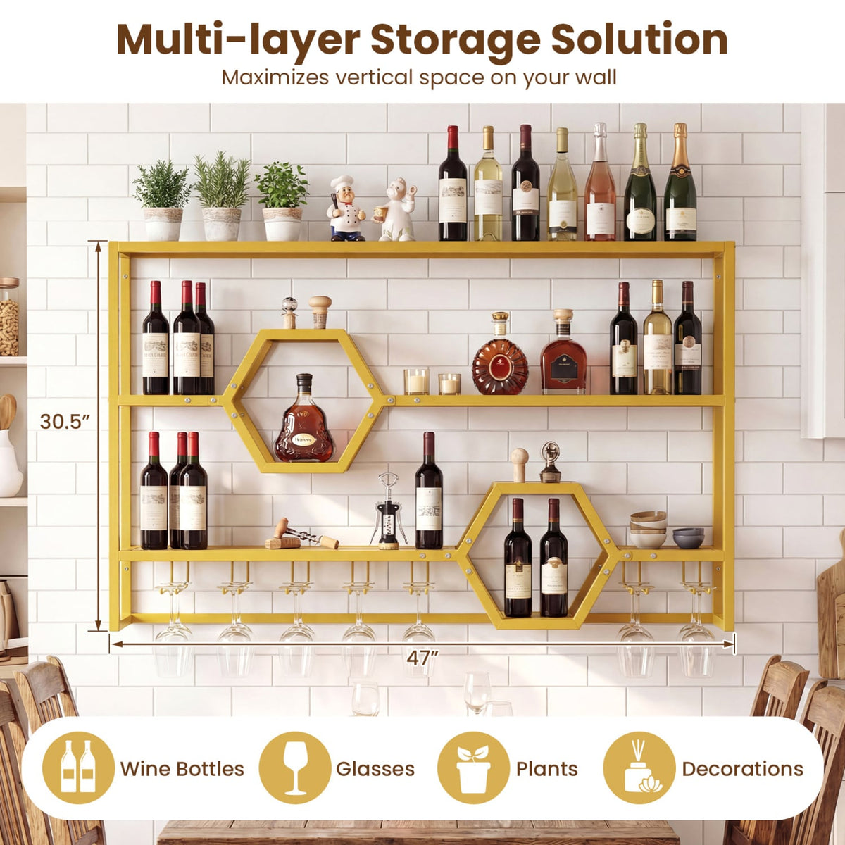 Wall Mounted Wine Rack 47" Large Floating Bar Shelves-Gold-Wine Racks-DECOROLALA