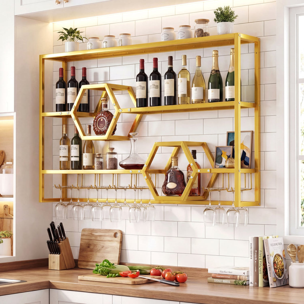 Wall Mounted Wine Rack 47" Large Floating Bar Shelves-Gold-Wine Racks-DECOROLALA