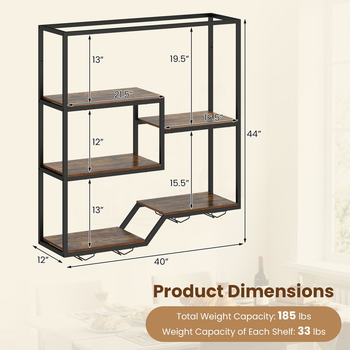 Wall Mounted Wine Rack 6-Tier Hanging Bar Shelf with Bottle Display Shelf and Glass Holder-Rustic Brown-Wine Racks-DECOROLALA