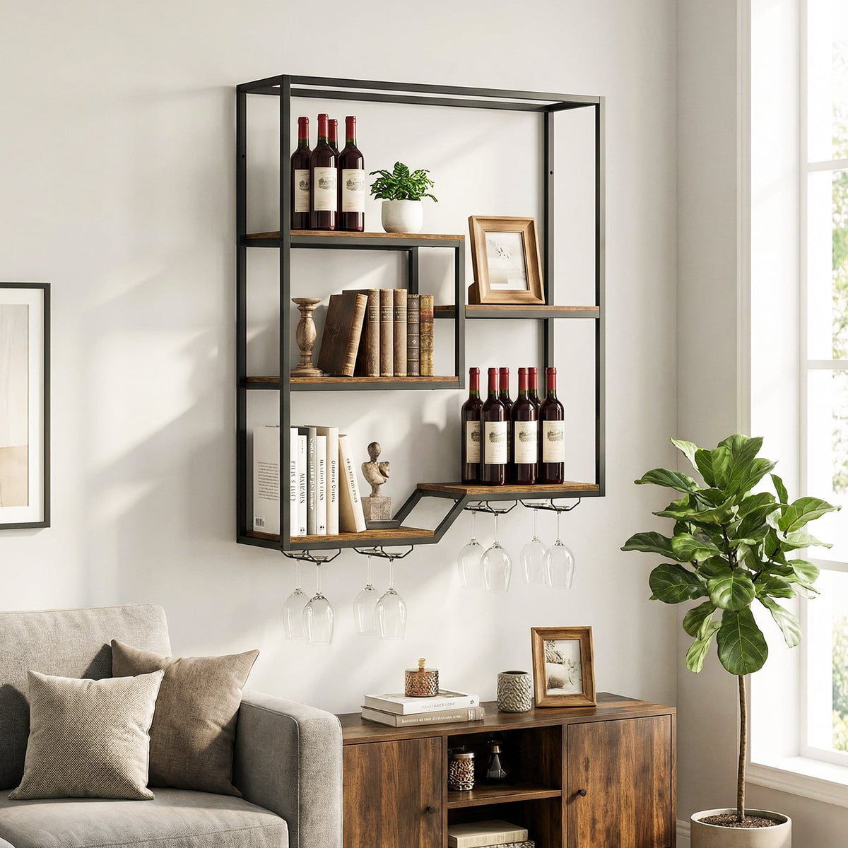 Wall Mounted Wine Rack 6-Tier Hanging Bar Shelf with Bottle Display Shelf and Glass Holder-Rustic Brown-Wine Racks-DECOROLALA