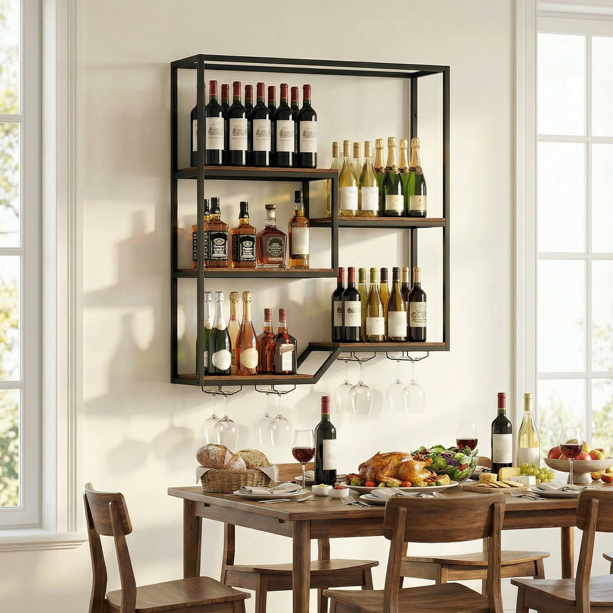Wall Mounted Wine Rack 6-Tier Hanging Bar Shelf with Bottle Display Shelf and Glass Holder-Rustic Brown-Wine Racks-DECOROLALA