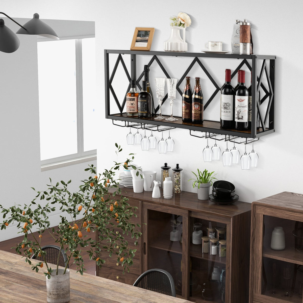 Wall Mounted Wine Rack for 39 Bottles and 12 Glasses-Wine Racks-DECOROLALA