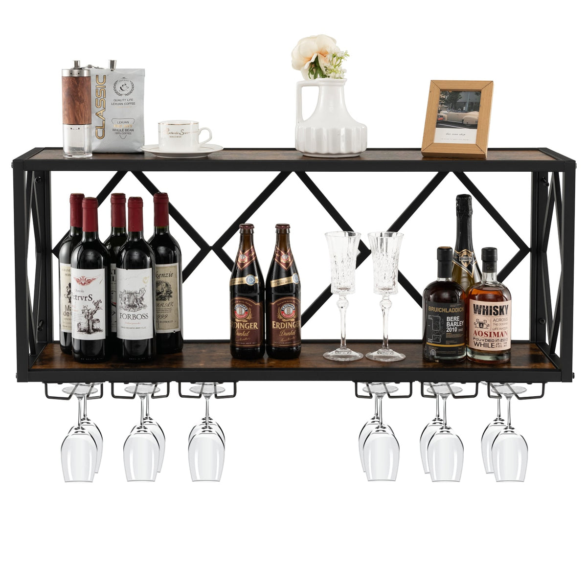 Wall Mounted Wine Rack for 39 Bottles and 12 Glasses-Wine Racks-DECOROLALA