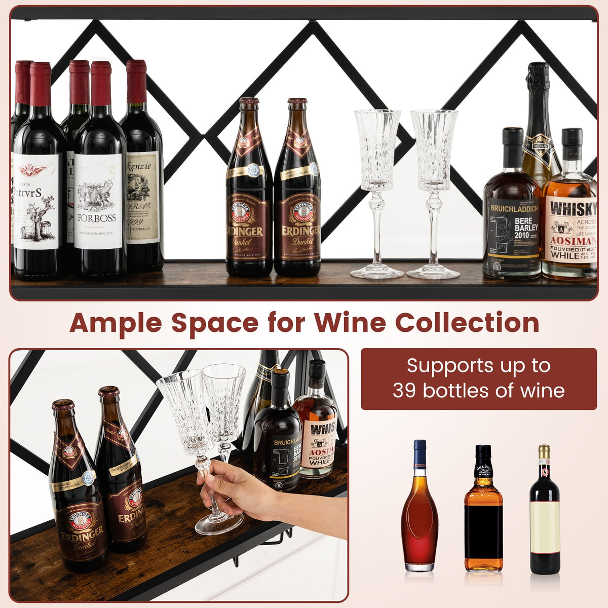 Wall Mounted Wine Rack for 39 Bottles and 12 Glasses-Wine Racks-DECOROLALA