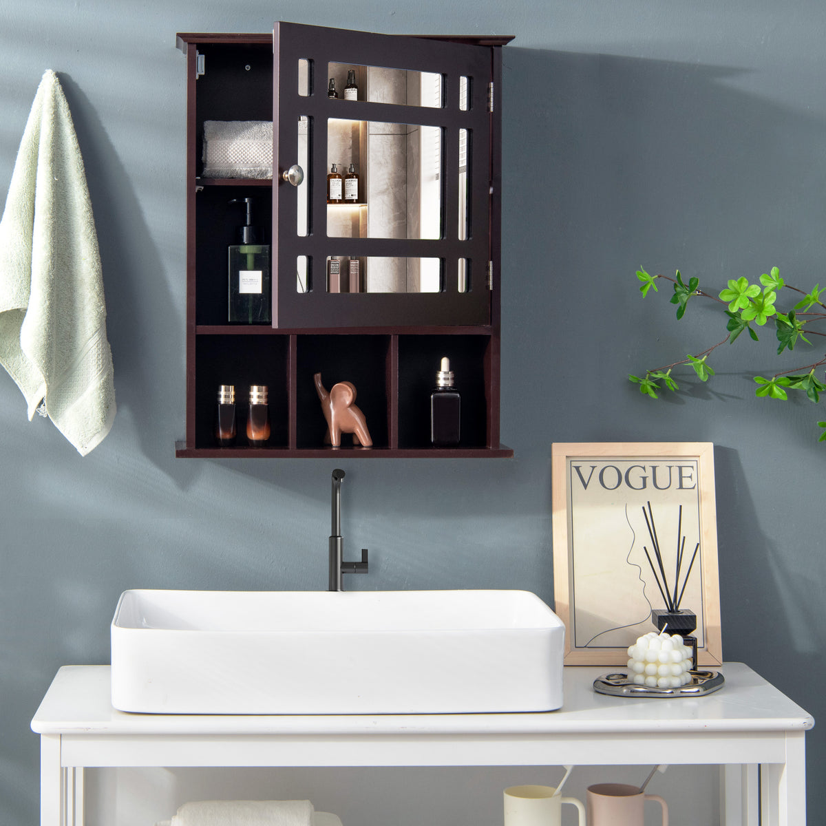 Wall Mounted Mirrored Bathroom Cabinet - Brown MDF 19" x 23.5"-Wall Cabinets-DECOROLALA