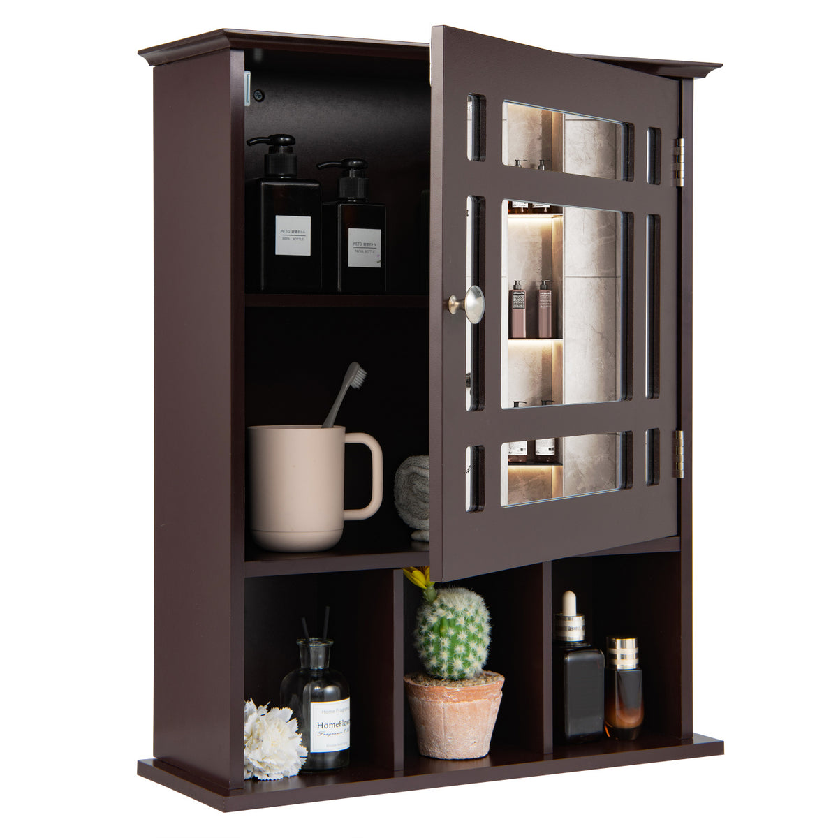 Wall Mounted Mirrored Bathroom Cabinet - Brown MDF 19" x 23.5"-Wall Cabinets-DECOROLALA