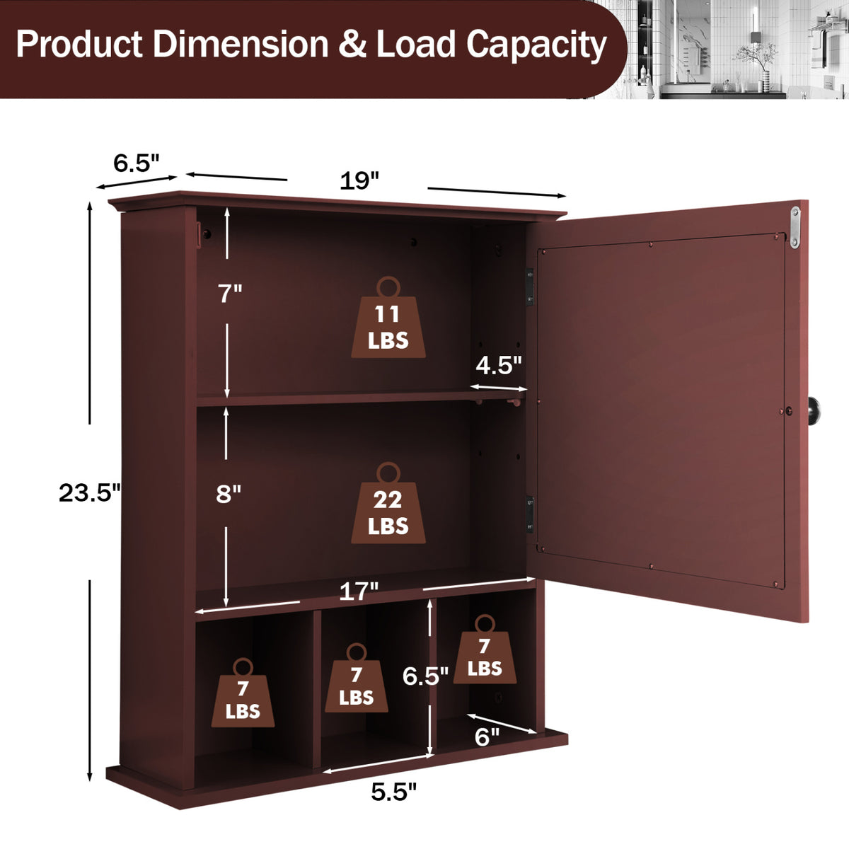 Wall Mounted Mirrored Bathroom Cabinet - Brown MDF 19" x 23.5"-Wall Cabinets-DECOROLALA