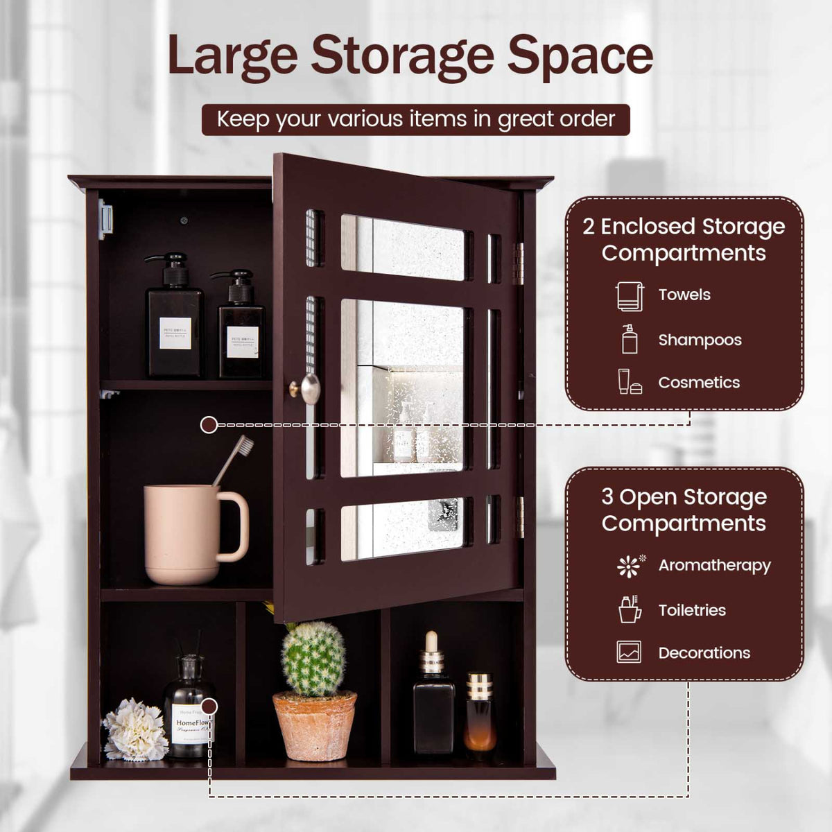 Wall Mounted Mirrored Bathroom Cabinet - Brown MDF 19" x 23.5"-Wall Cabinets-DECOROLALA