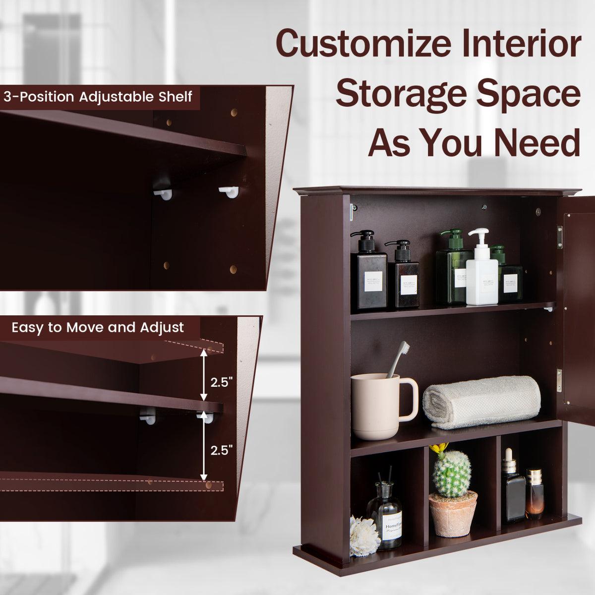 Wall Mounted Mirrored Bathroom Cabinet - Brown MDF 19" x 23.5"-Wall Cabinets-DECOROLALA