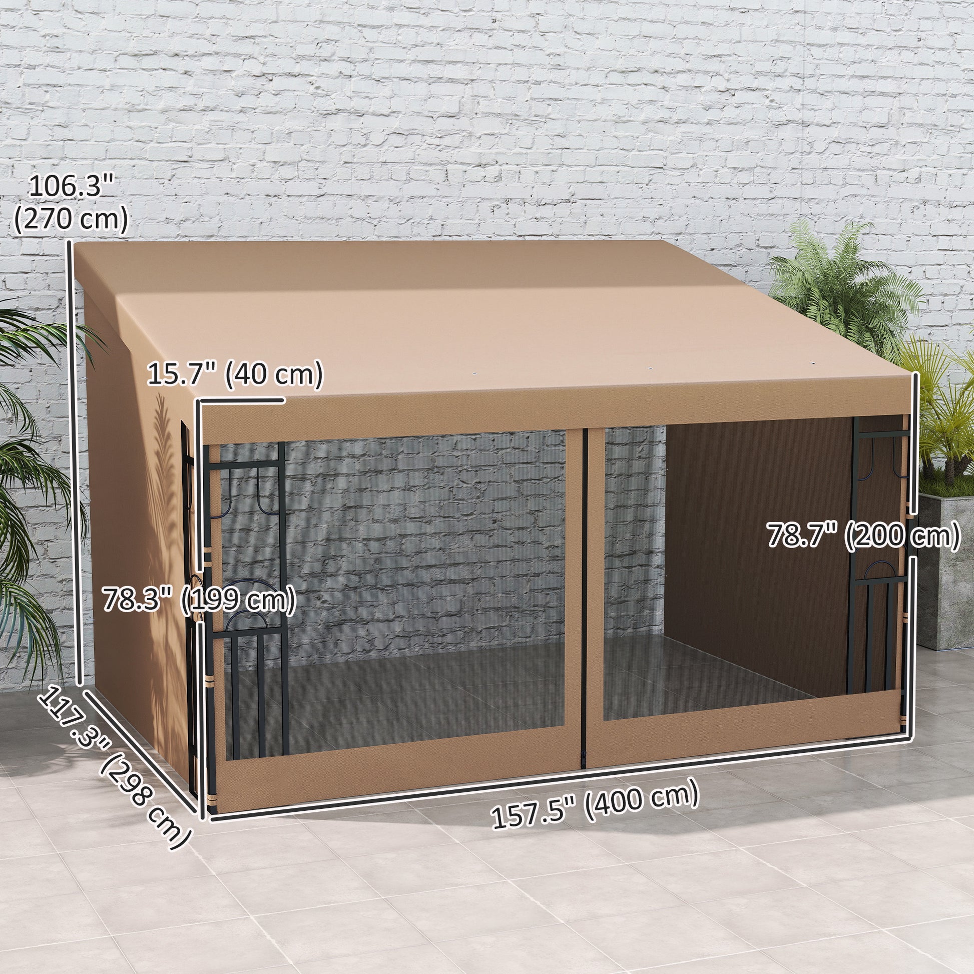 Wall Pergola 10' x 13' Khaki with Curtains-DECOROLALA
