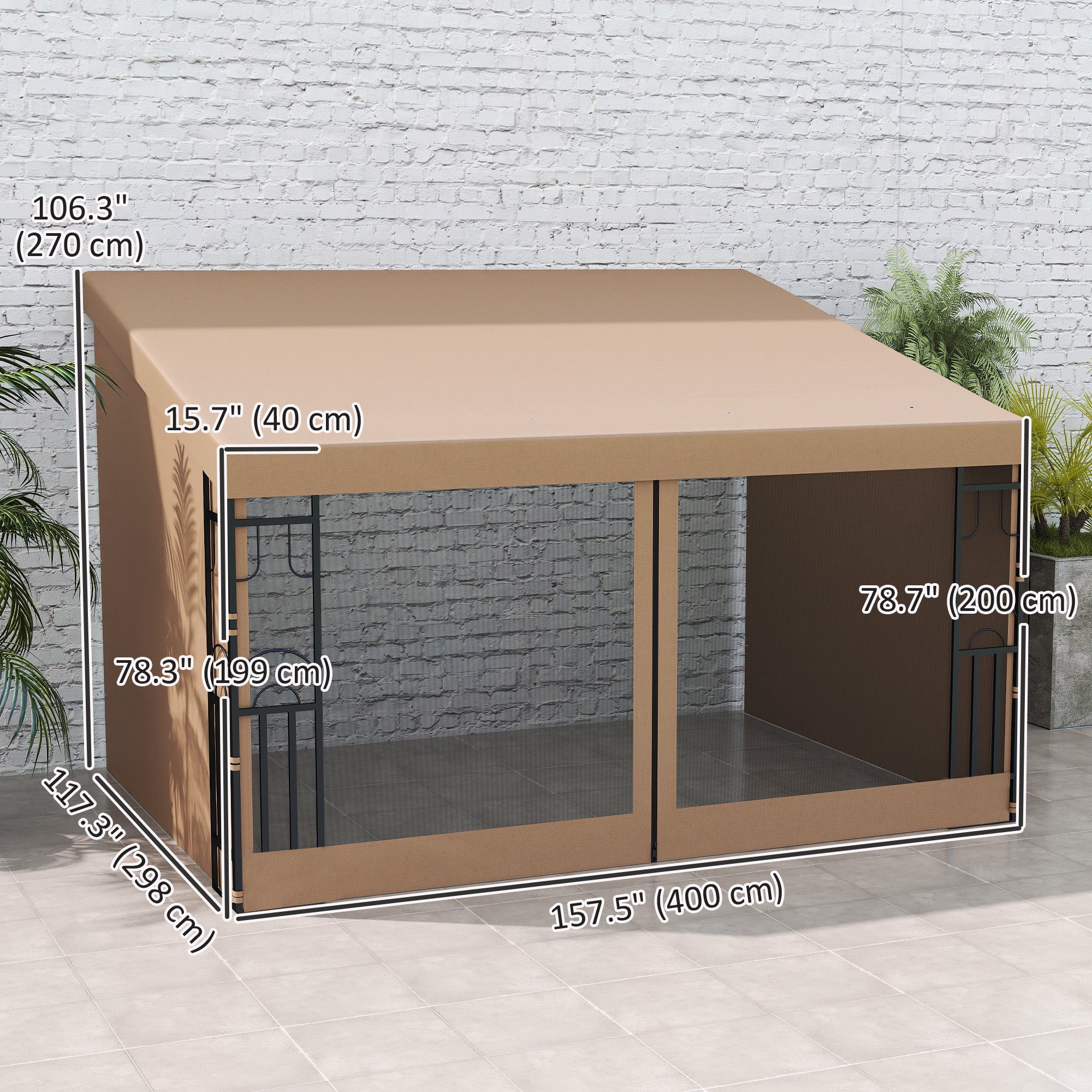Wall Pergola 10' x 13' Khaki with Curtains-DECOROLALA