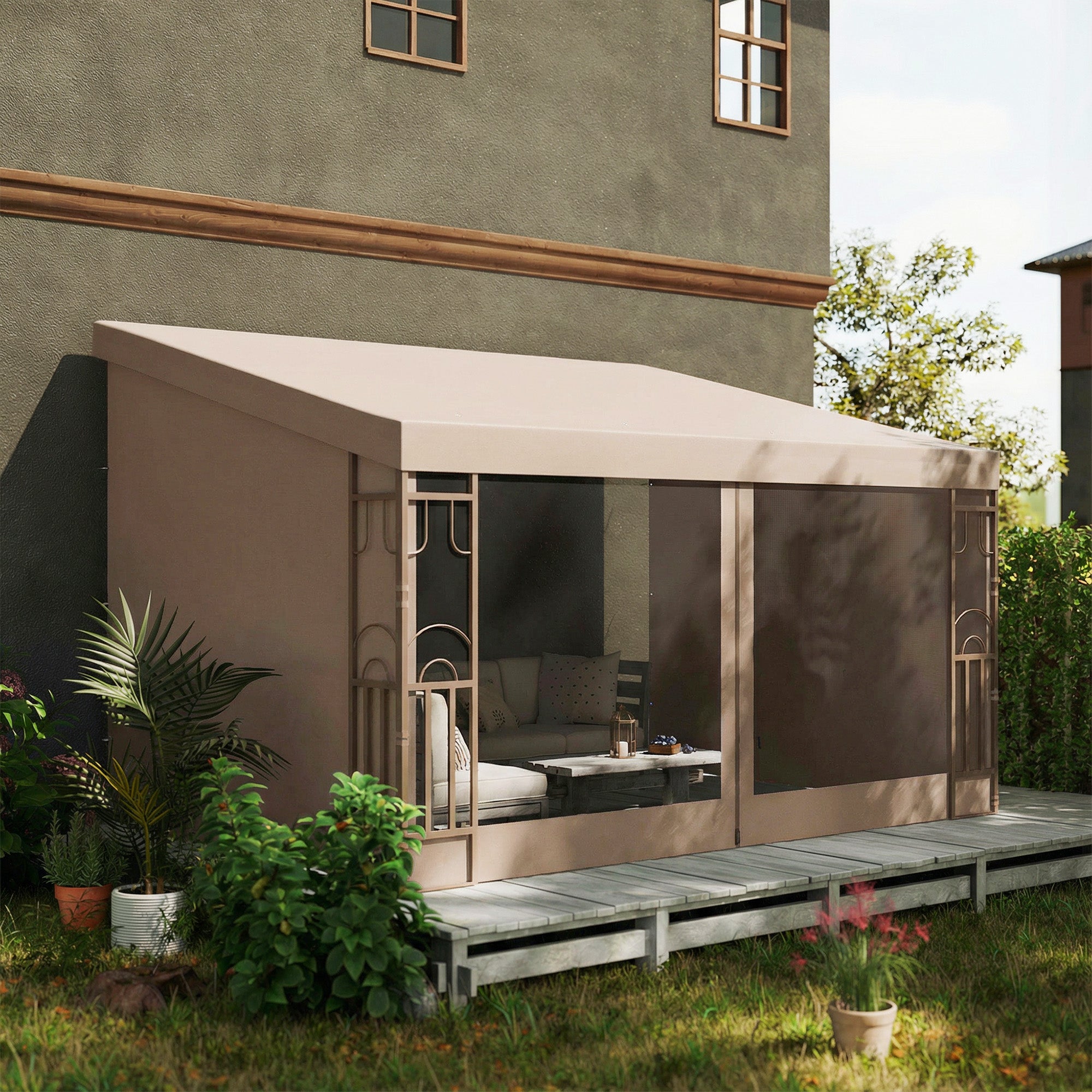 Wall Pergola 10' x 13' Khaki with Curtains-DECOROLALA