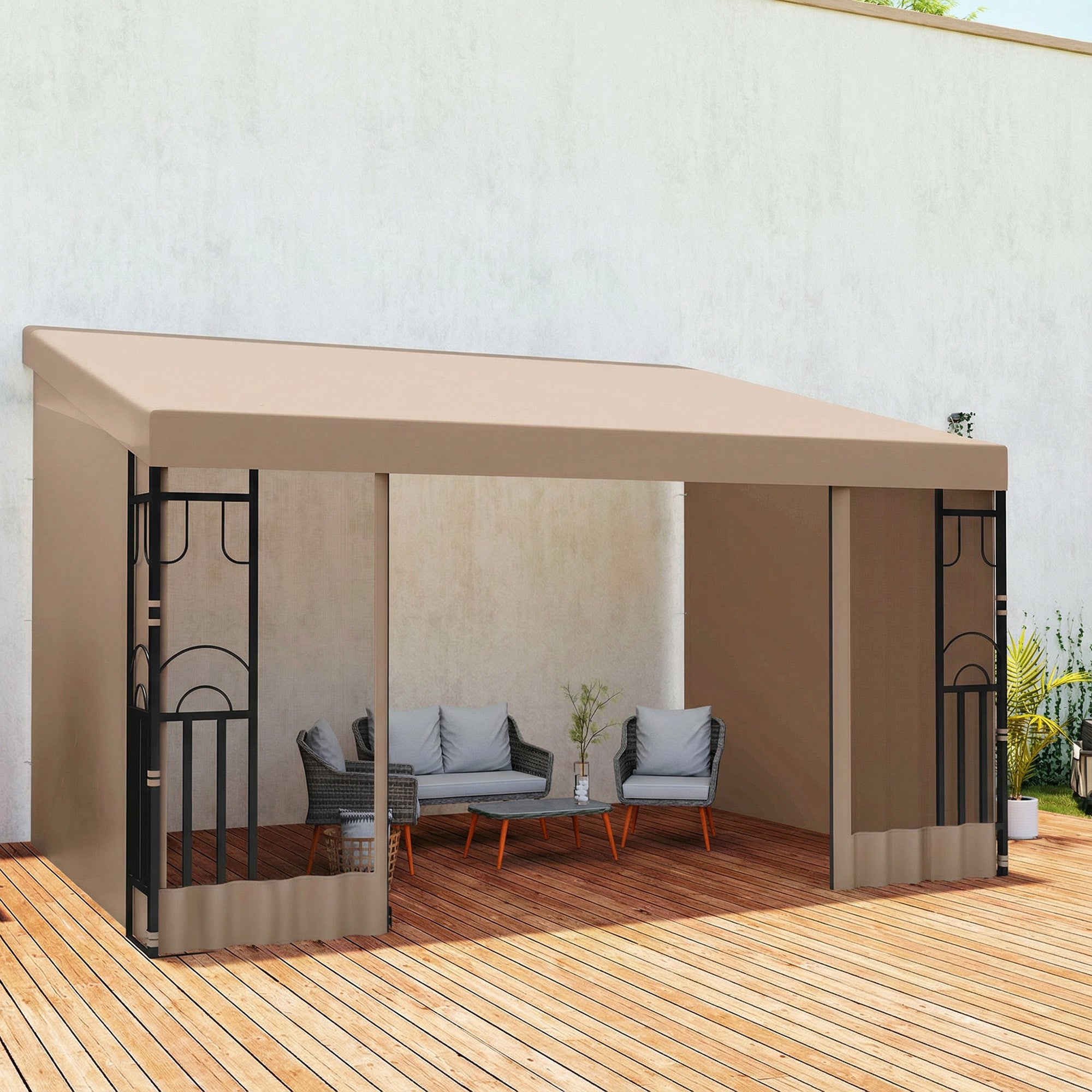 Wall Pergola 10' x 13' Khaki with Curtains-DECOROLALA