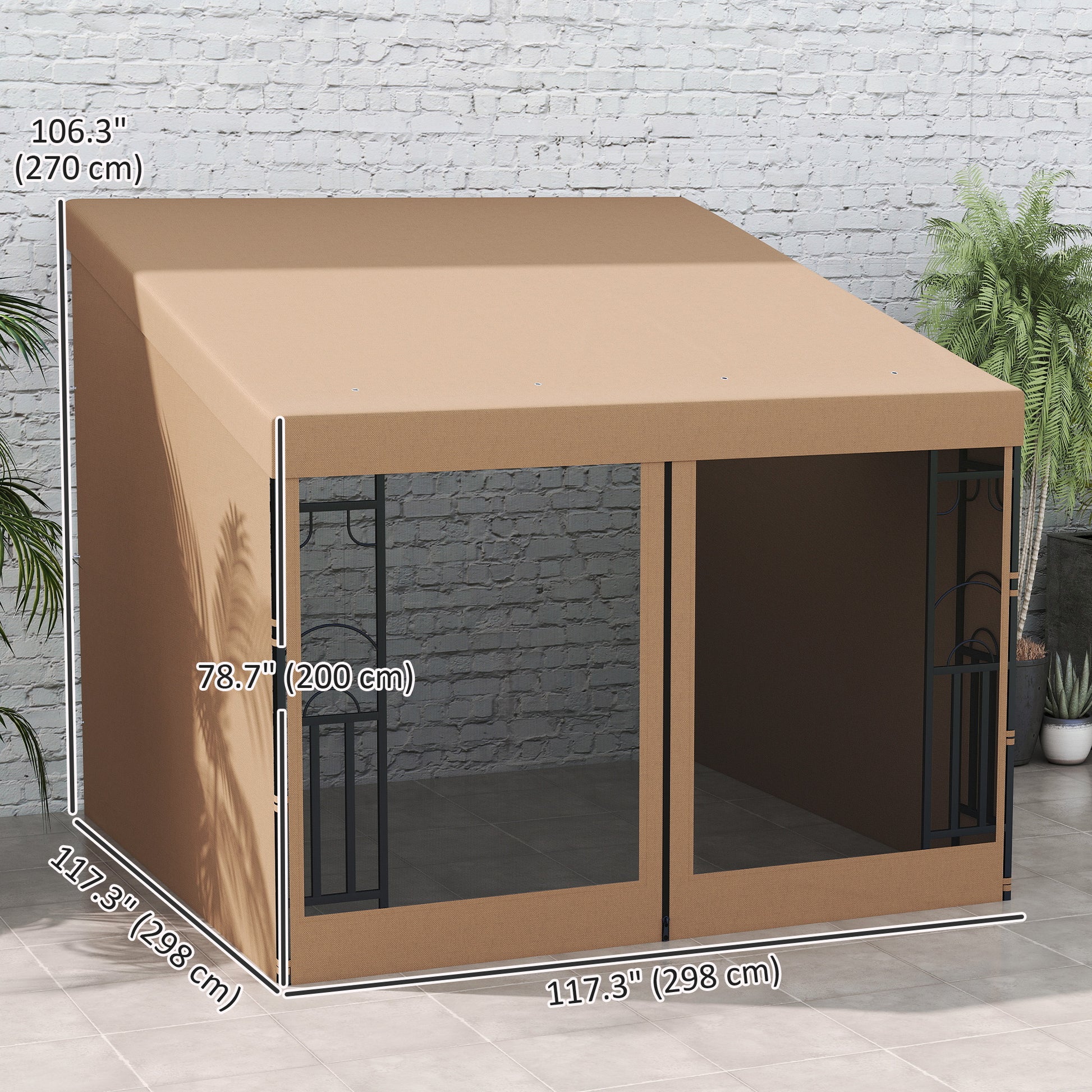 Wall Pergola 10'x10' Khaki with Curtains-DECOROLALA