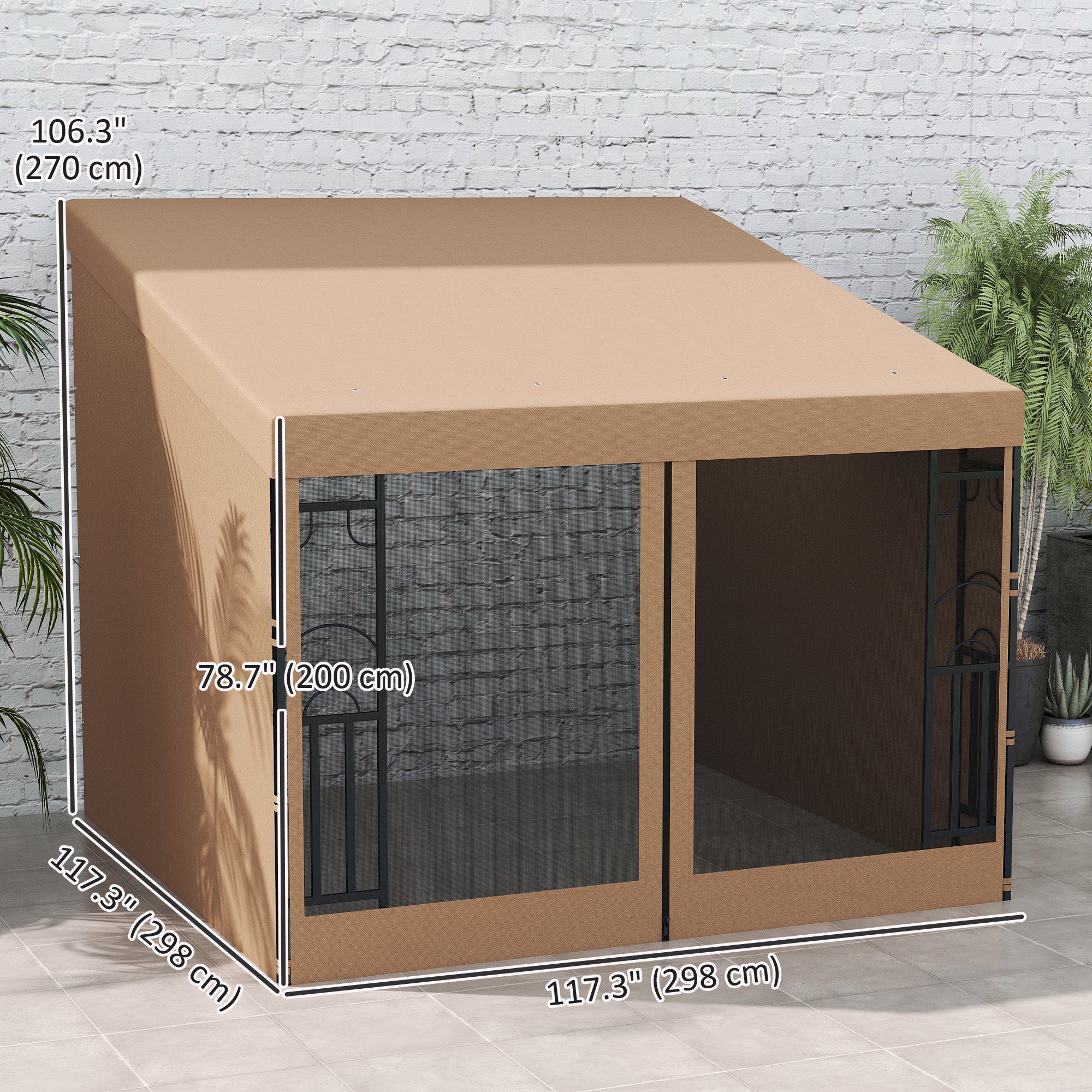 Wall Pergola 10'x10' Khaki with Curtains-DECOROLALA