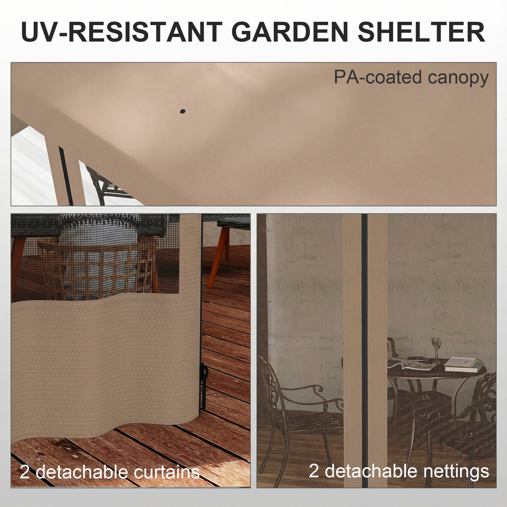 Wall Pergola 10'x10' Khaki with Curtains-DECOROLALA