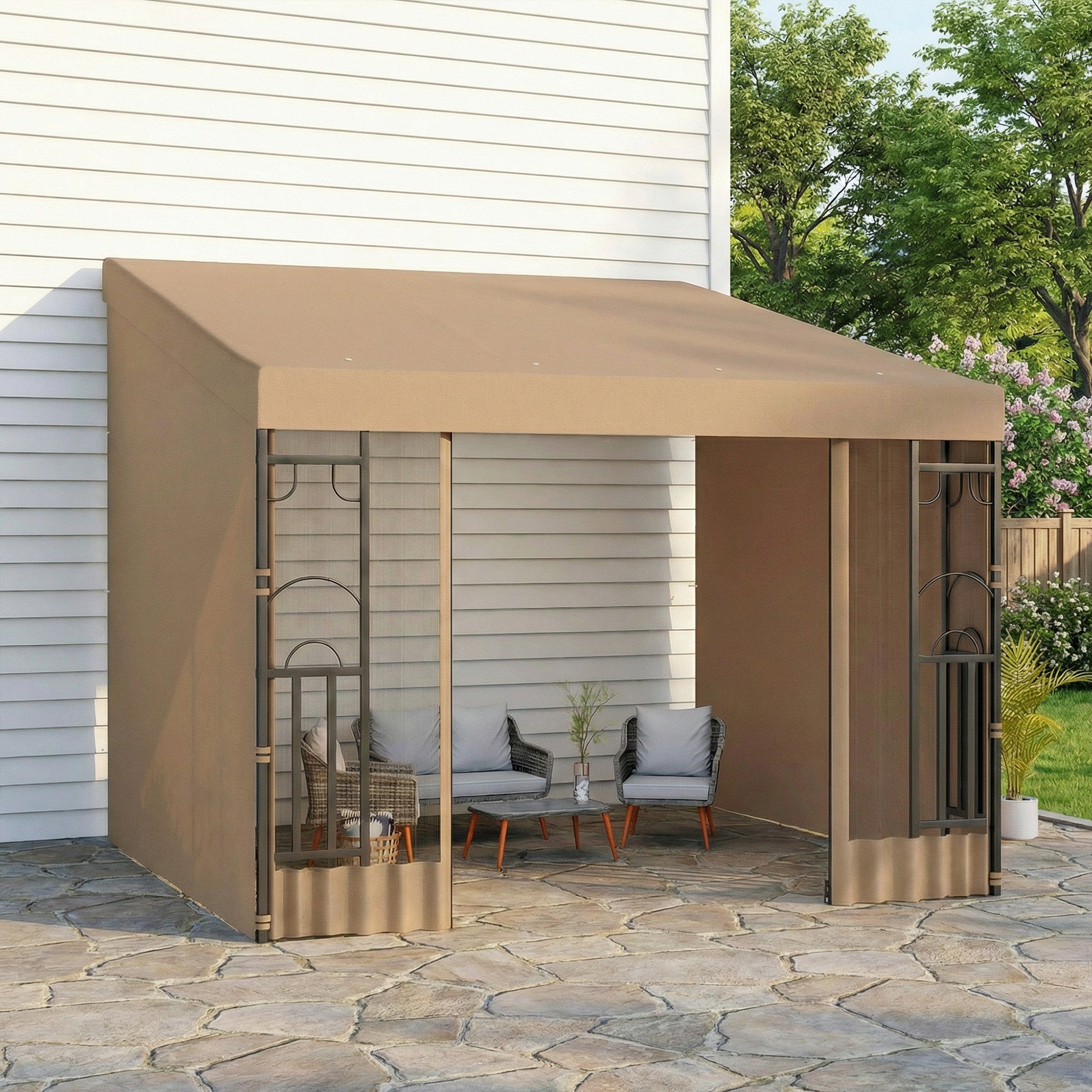 Wall Pergola 10'x10' Khaki with Curtains-DECOROLALA