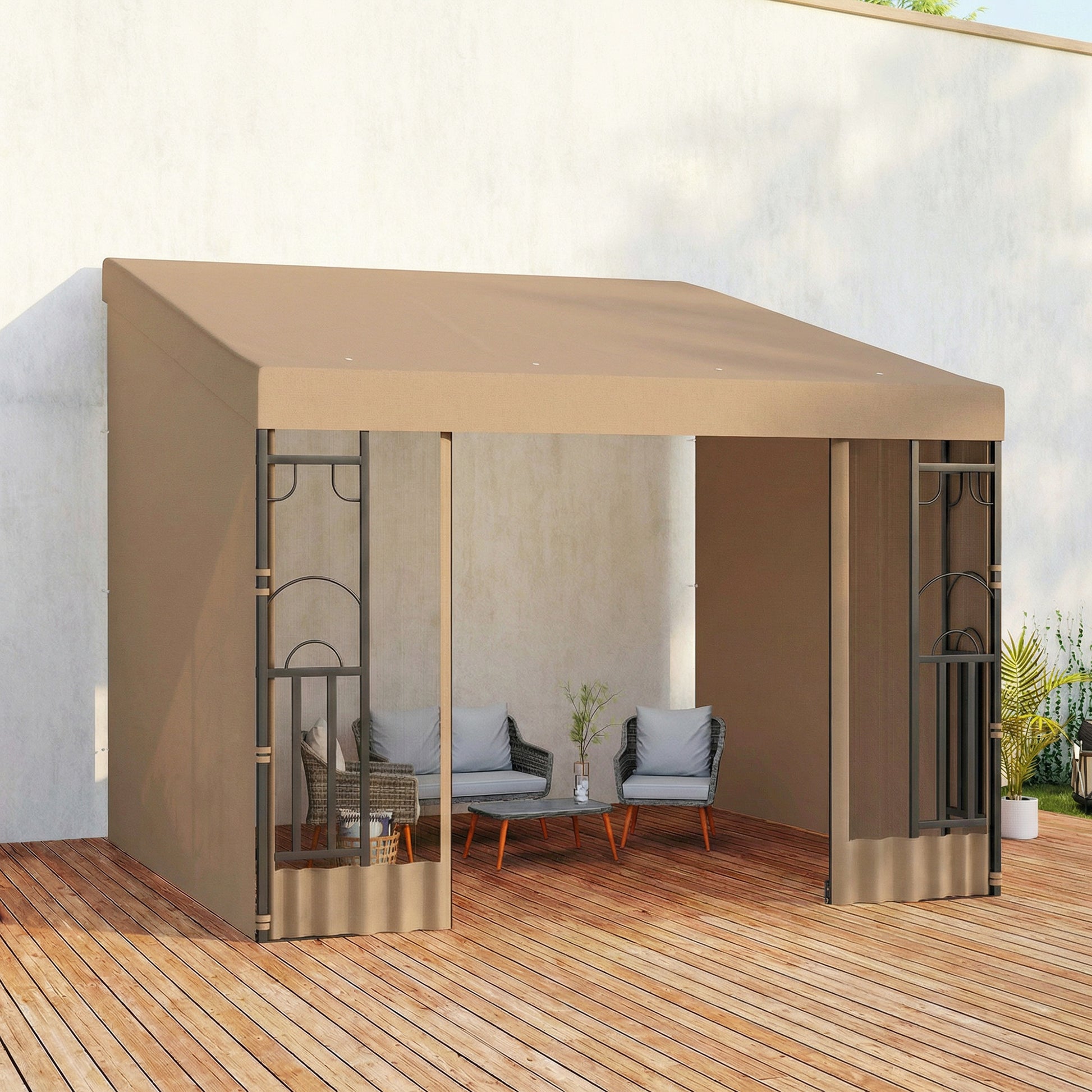 Wall Pergola 10'x10' Khaki with Curtains-DECOROLALA