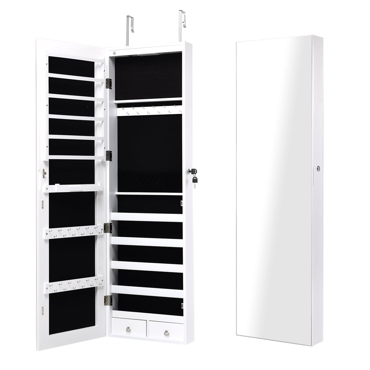 Wall and Door Mounted Mirrored Jewelry Cabinet With Lights-White-Jewelry Armoires-DECOROLALA