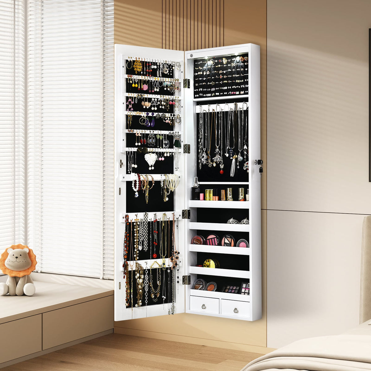 Wall and Door Mounted Mirrored Jewelry Cabinet With Lights-White-Jewelry Armoires-DECOROLALA